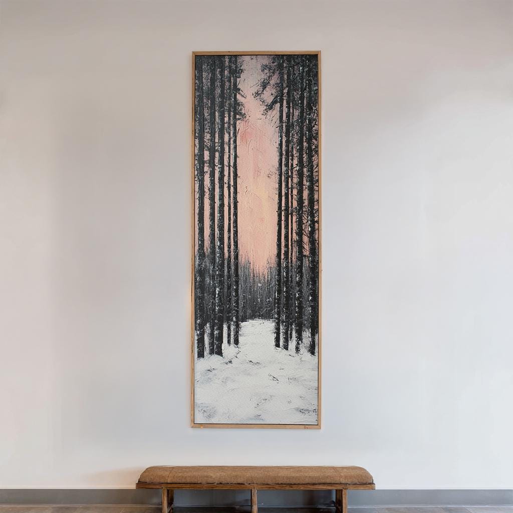 Winter Birch Forest Canvas Art | Impasto Print | Minimalist Wall Art For Living Room | Blush Pink Charcoal Art Long Vertical Art