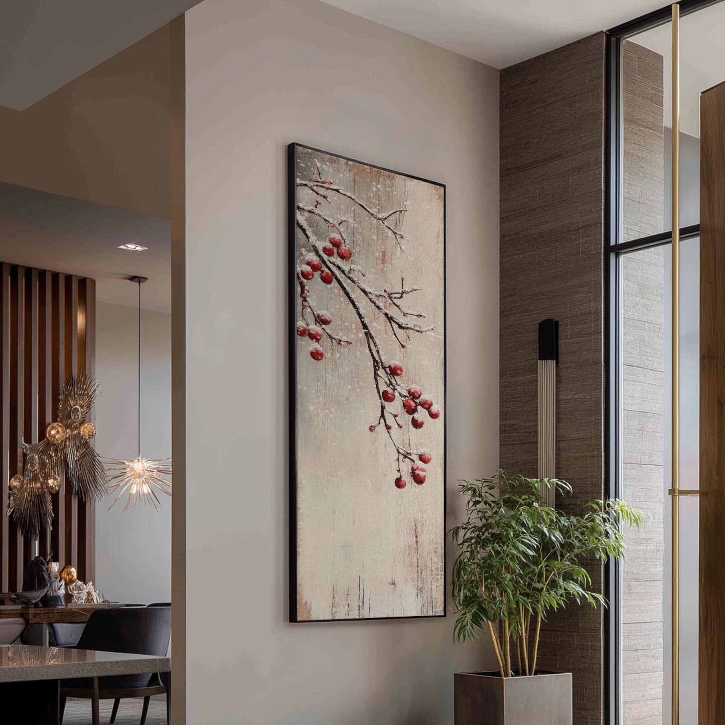 Winter Berries Snowfall Canvas Art | Impasto Print | Bohemian Wall Art For Living Room | Creamy Oyster Art Long Vertical Art