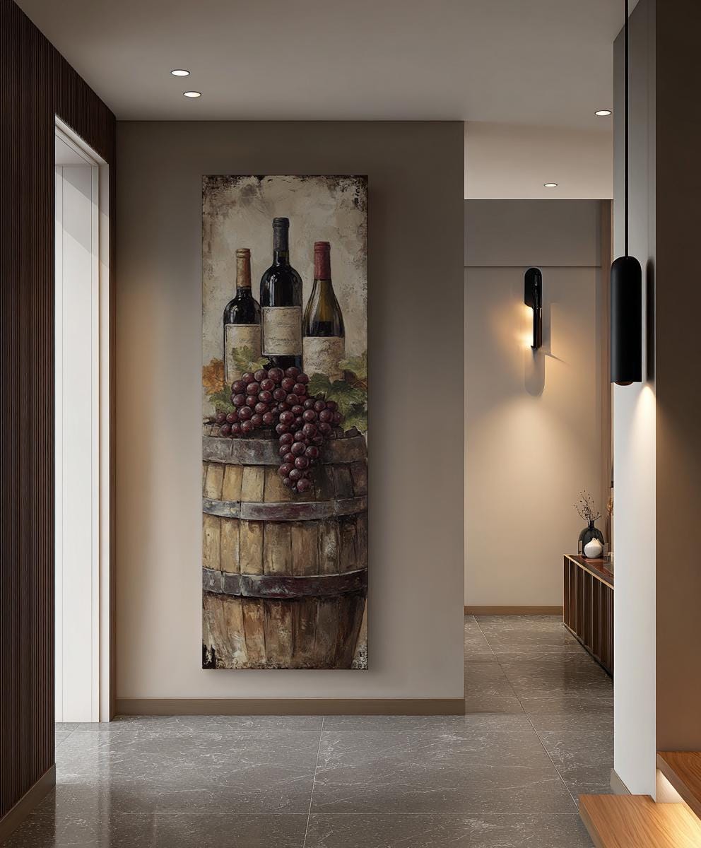 Wine Barrel Still Life Canvas Art | Impasto Grapes Print | Rustic Farmhouse Wall Art For Dining Room | Warm Oak Art Long Vertical Art