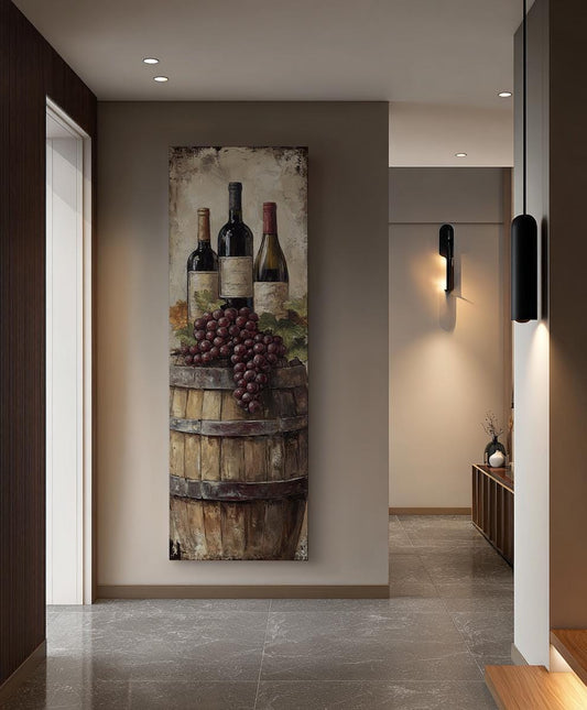 Wine Barrel Still Life Canvas Art | Impasto Grapes Print | Rustic Farmhouse Wall Art For Dining Room | Warm Oak Art Long Vertical Art