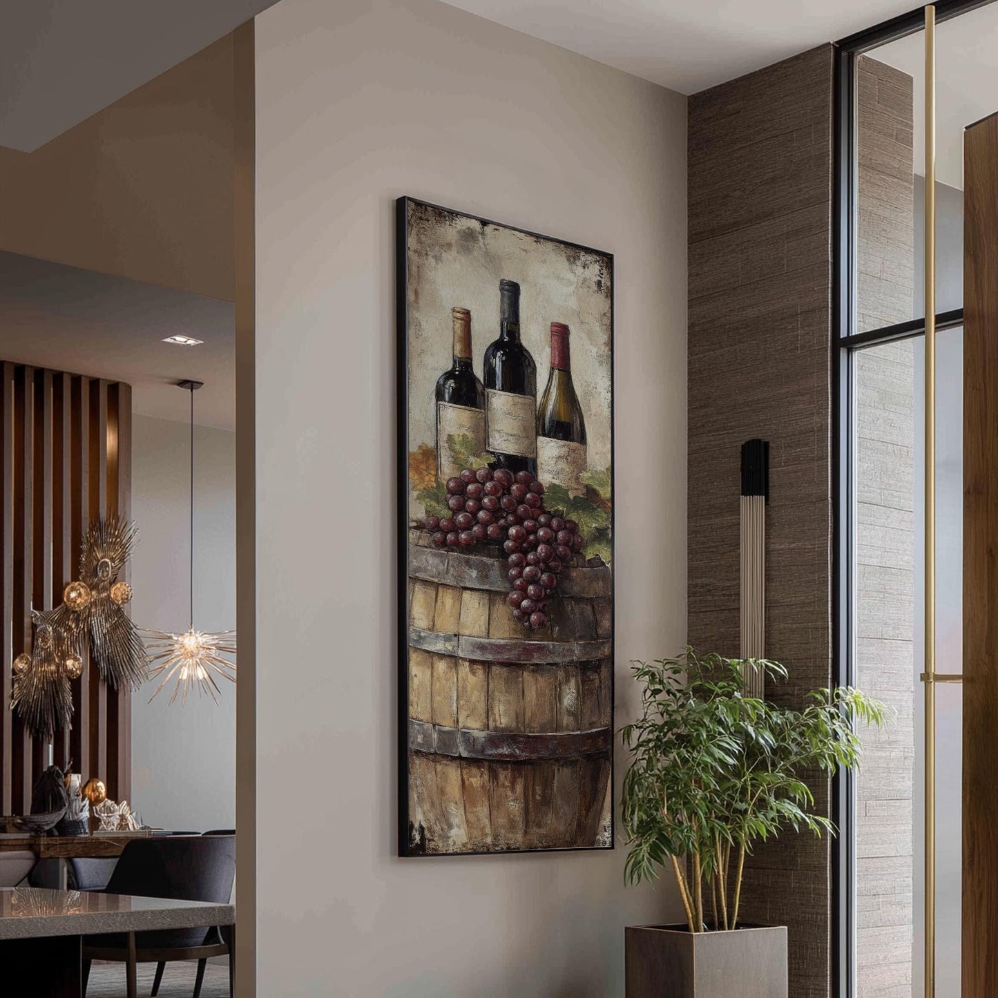 Wine Barrel Still Life Canvas Art | Impasto Grapes Print | Rustic Farmhouse Wall Art For Dining Room | Warm Oak Art Long Vertical Art