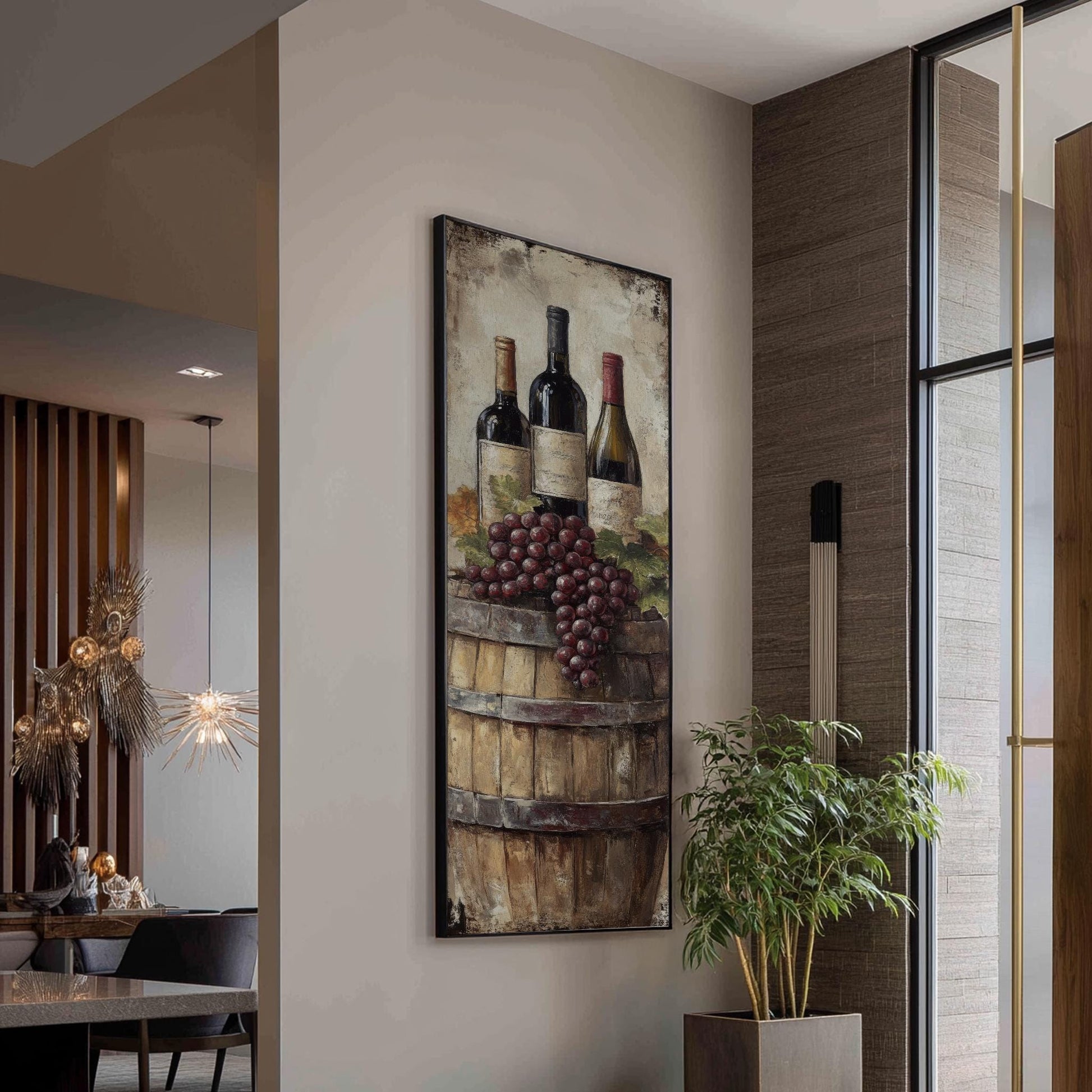 Wine Barrel Still Life Canvas Art | Impasto Grapes Print | Rustic Farmhouse Wall Art For Dining Room | Warm Oak Art Long Vertical Art