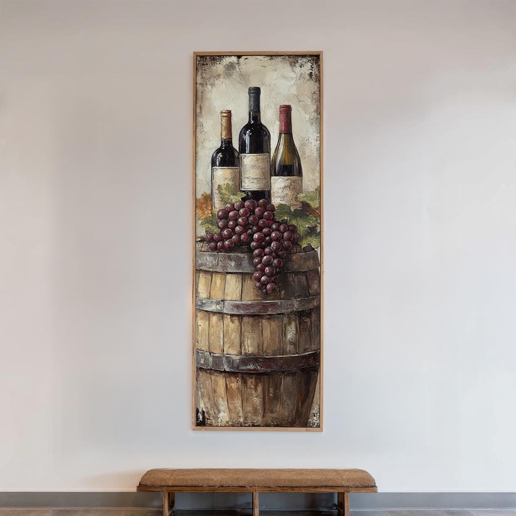Wine Barrel Still Life Canvas Art | Impasto Grapes Print | Rustic Farmhouse Wall Art For Dining Room | Warm Oak Art Long Vertical Art