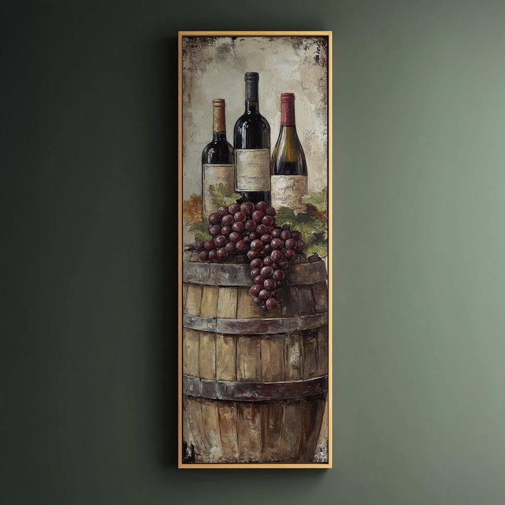 Wine Barrel Still Life Canvas Art | Impasto Grapes Print | Rustic Farmhouse Wall Art For Dining Room | Warm Oak Art Long Vertical Art