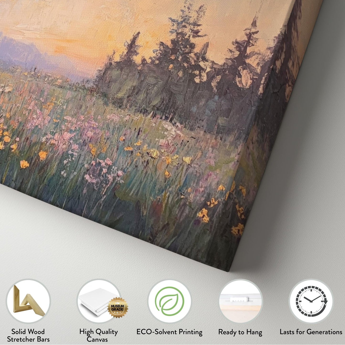 Sunset Meadow Impressionist Canvas Art | Impasto Painting Print | Biophilic Wall Art For Living Room Horizontal Art