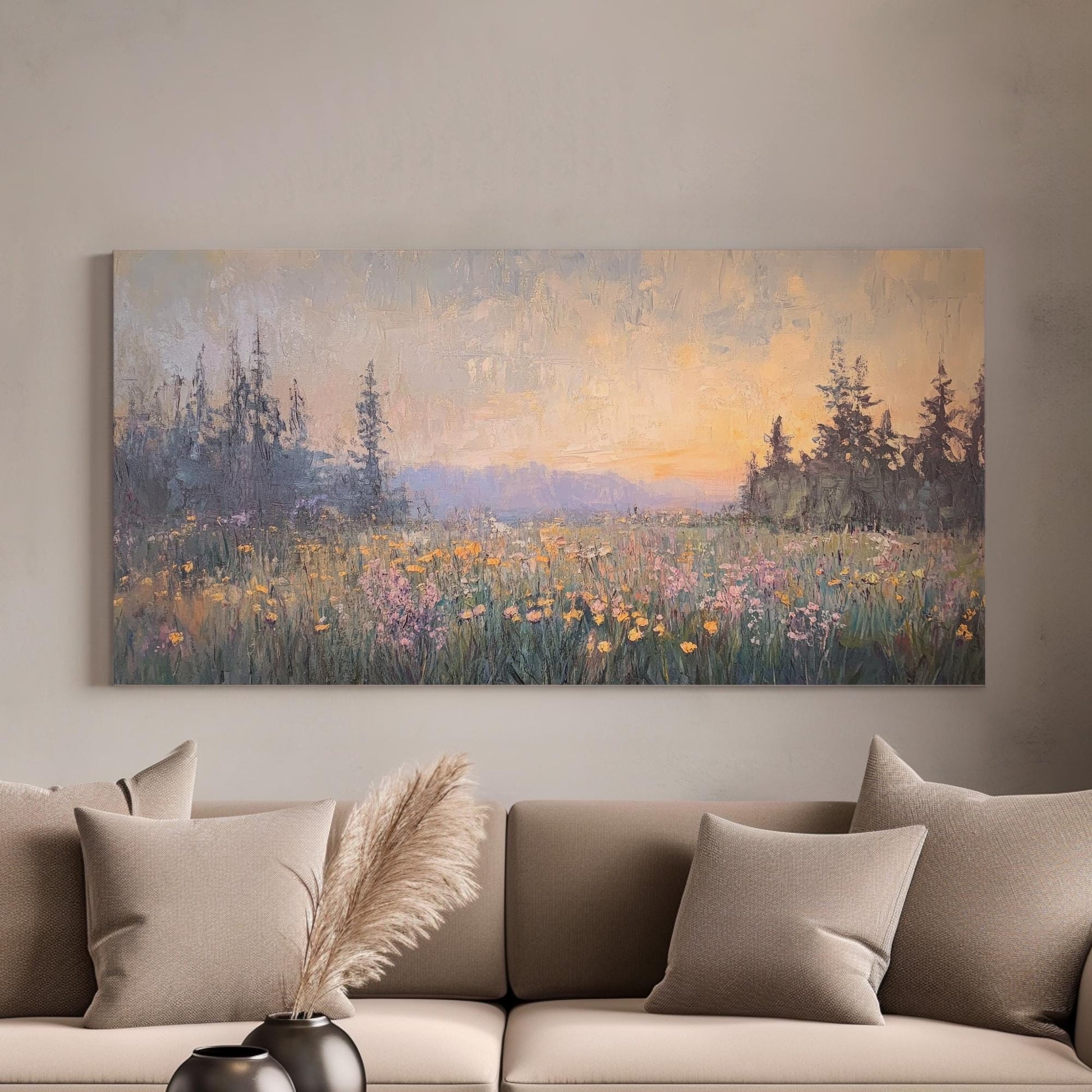 Sunset Meadow Impressionist Canvas Art | Impasto Painting Print | Biophilic Wall Art For Living Room Horizontal Art