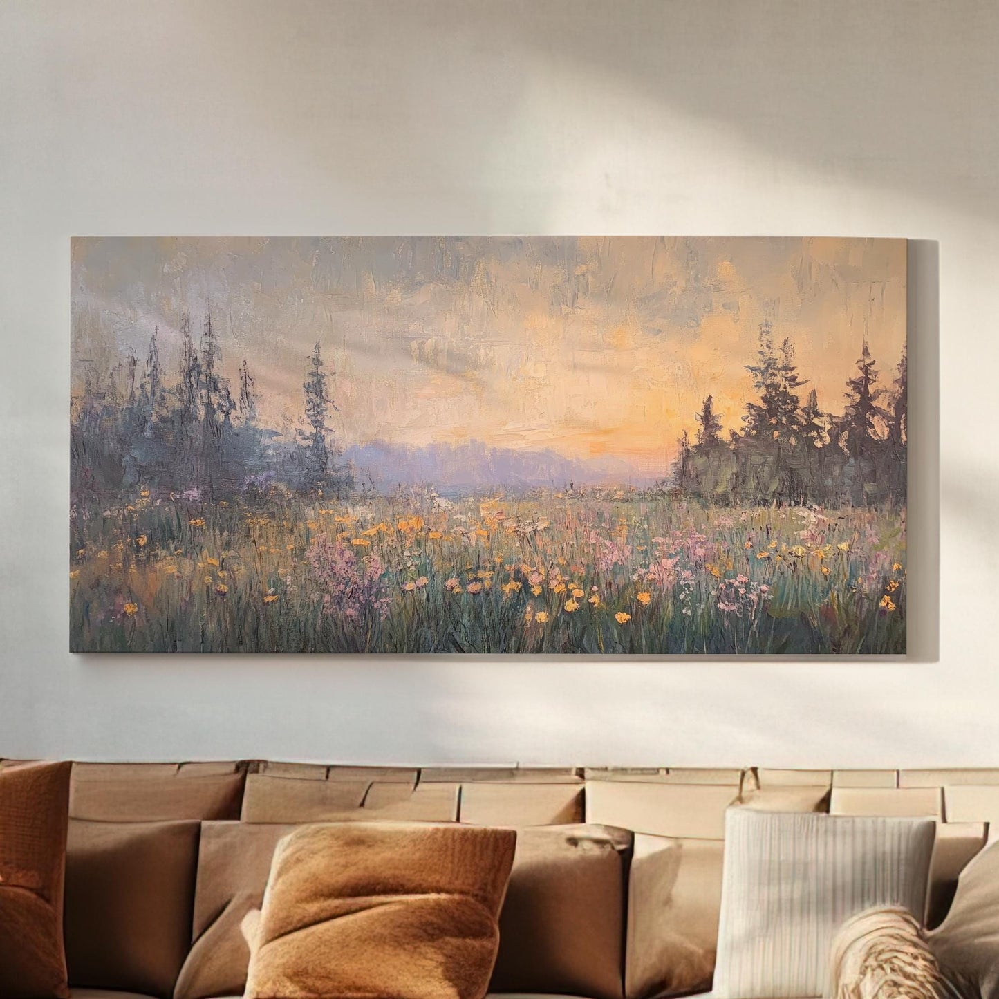 Sunset Meadow Impressionist Canvas Art | Impasto Painting Print | Biophilic Wall Art For Living Room Horizontal Art