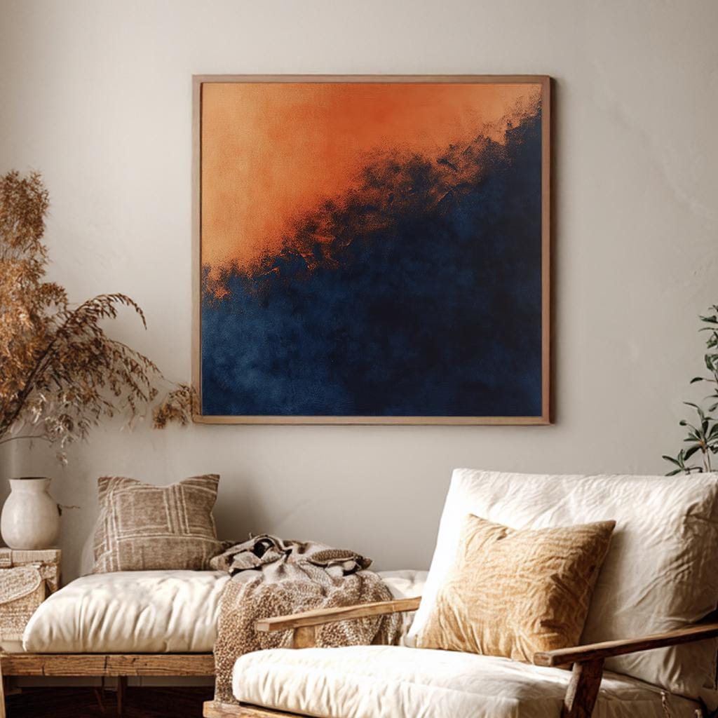 Sunset Dusk Canvas Art | Abstract Expressionism Print | Japandi Wall Art For Living Room | Burnt Sienna Midnight Blue Art Square Canvas Art