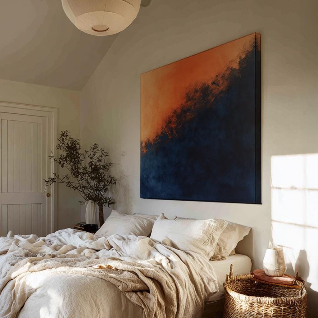 Sunset Dusk Canvas Art | Abstract Expressionism Print | Japandi Wall Art For Living Room | Burnt Sienna Midnight Blue Art Square Canvas Art