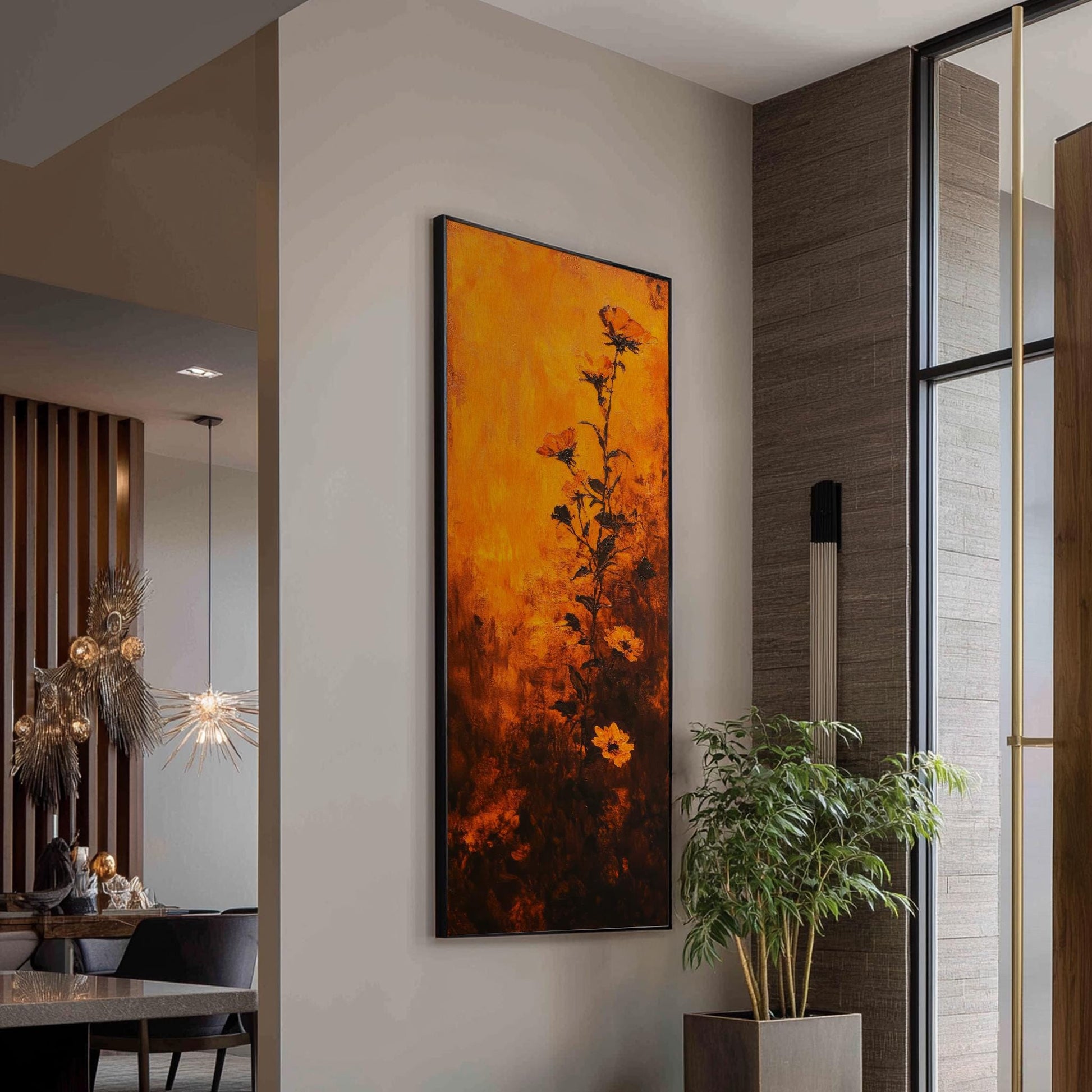 Sunset Blossom Canvas Art | Impasto Floral Print | Bohemian Wall Art For Living Room | Burnt Orange Redwood Art Long Vertical Art