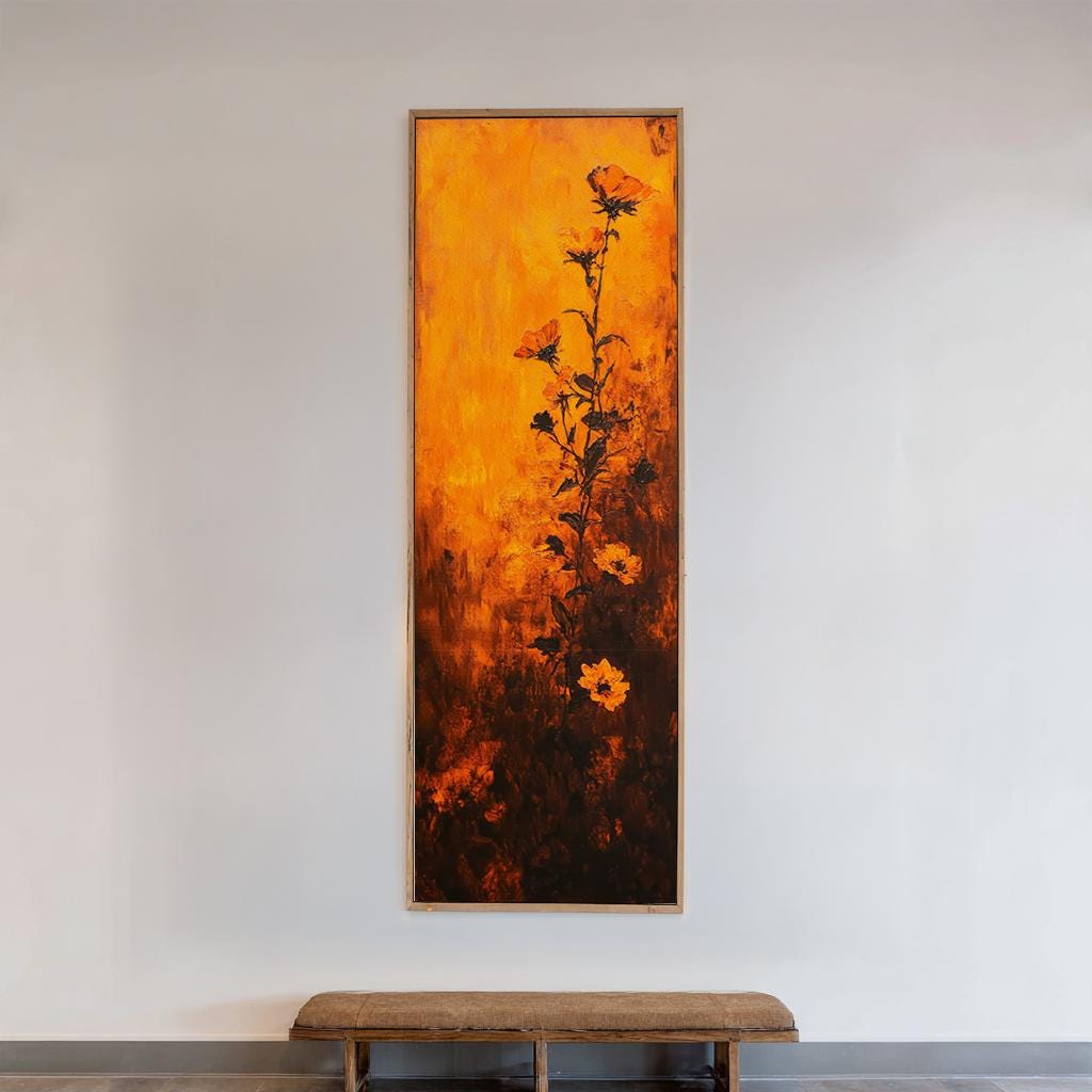 Sunset Blossom Canvas Art | Impasto Floral Print | Bohemian Wall Art For Living Room | Burnt Orange Redwood Art Long Vertical Art