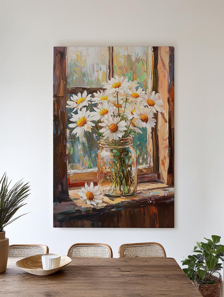 Sunlit Daisies Canvas Art | Impasto Palette Knife Print | Bohemian Farmhouse Wall Art For Living Room | Honeyed Wheat Art Vertical Canvas
