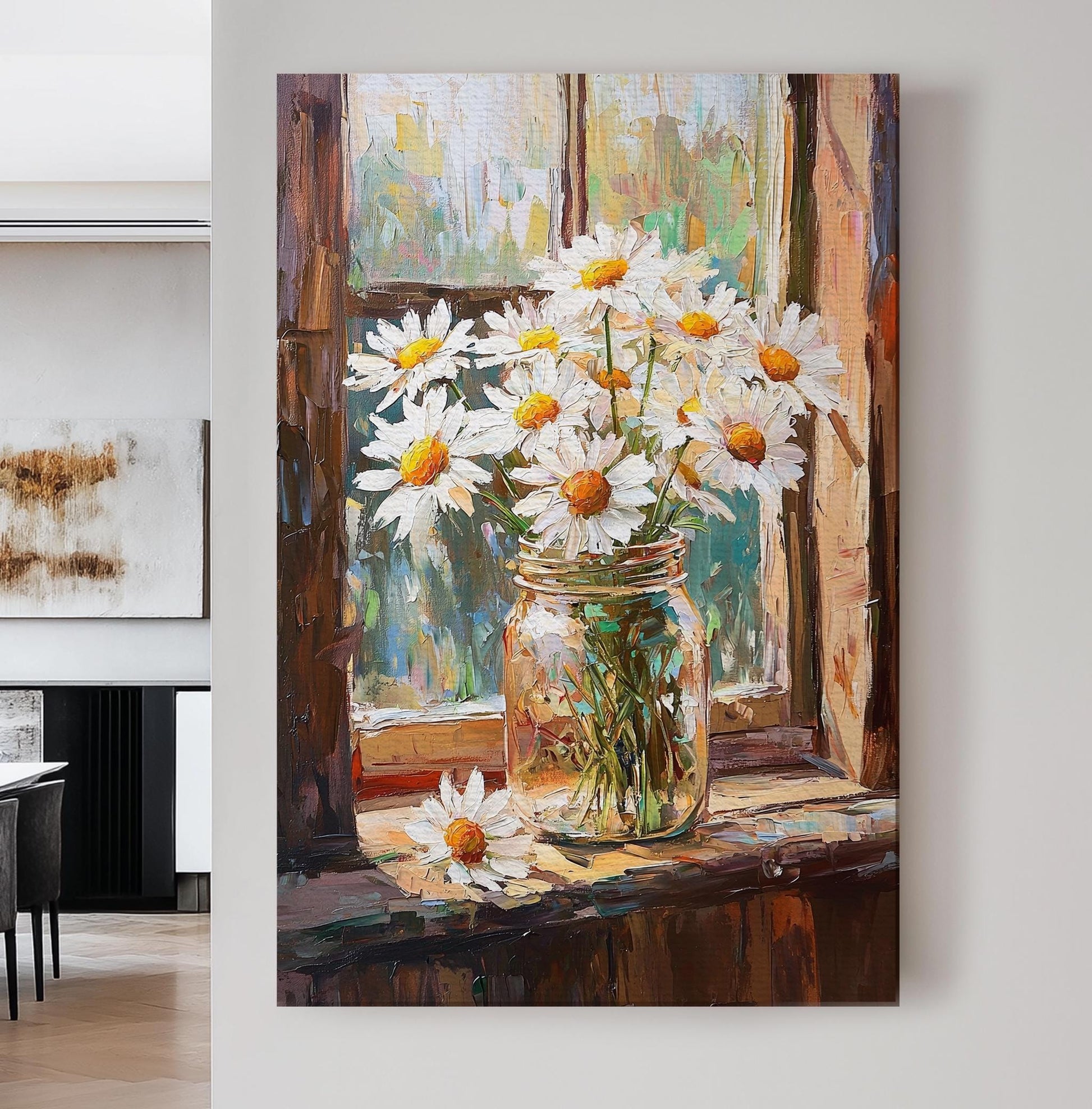 Sunlit Daisies Canvas Art | Impasto Palette Knife Print | Bohemian Farmhouse Wall Art For Living Room | Honeyed Wheat Art Vertical Canvas
