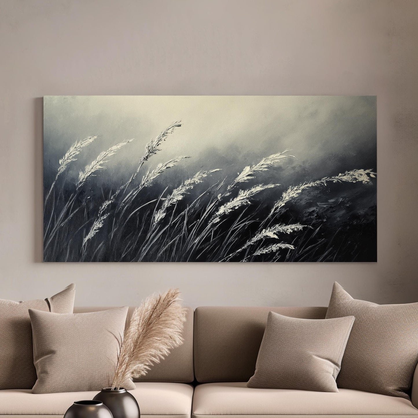 Serene Pampas Grass Canvas Art | Impasto Palette Knife Print | Tranquil Zen Wall Art For Living Room | Moonlit Silver Art Horizontal Art