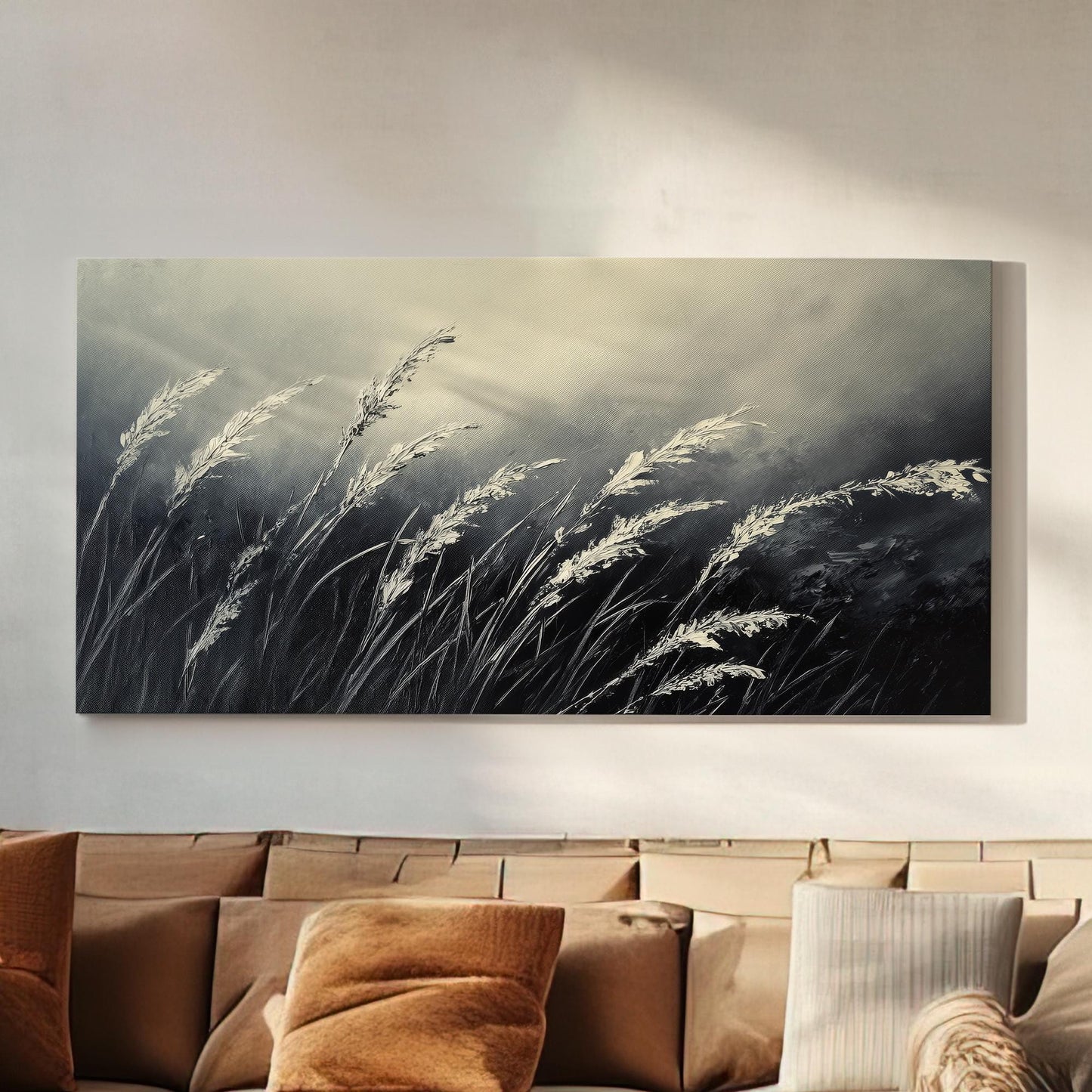 Serene Pampas Grass Canvas Art | Impasto Palette Knife Print | Tranquil Zen Wall Art For Living Room | Moonlit Silver Art Horizontal Art
