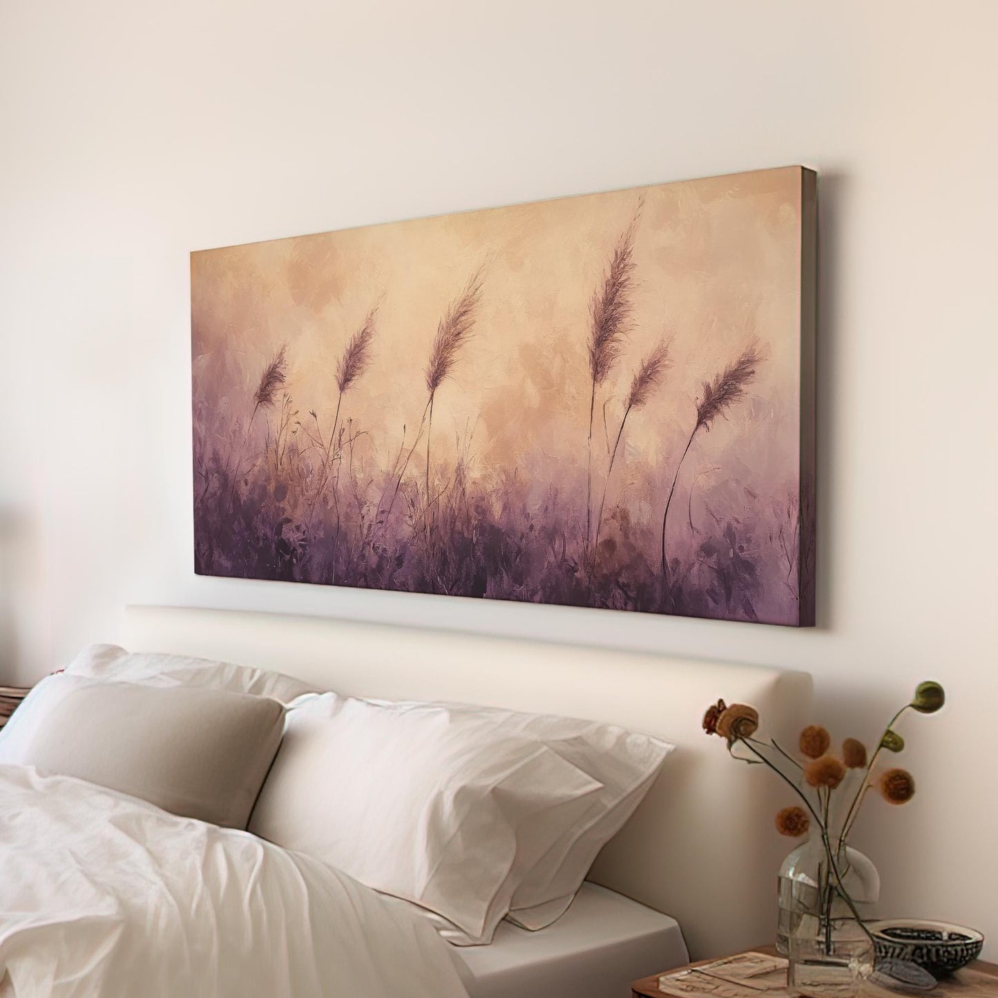 Serene Pampas Grass Canvas Art | Impasto Brushstroke Print | Bohemian Wall Art For Living Room | Mauve and Blush Art Horizontal Art