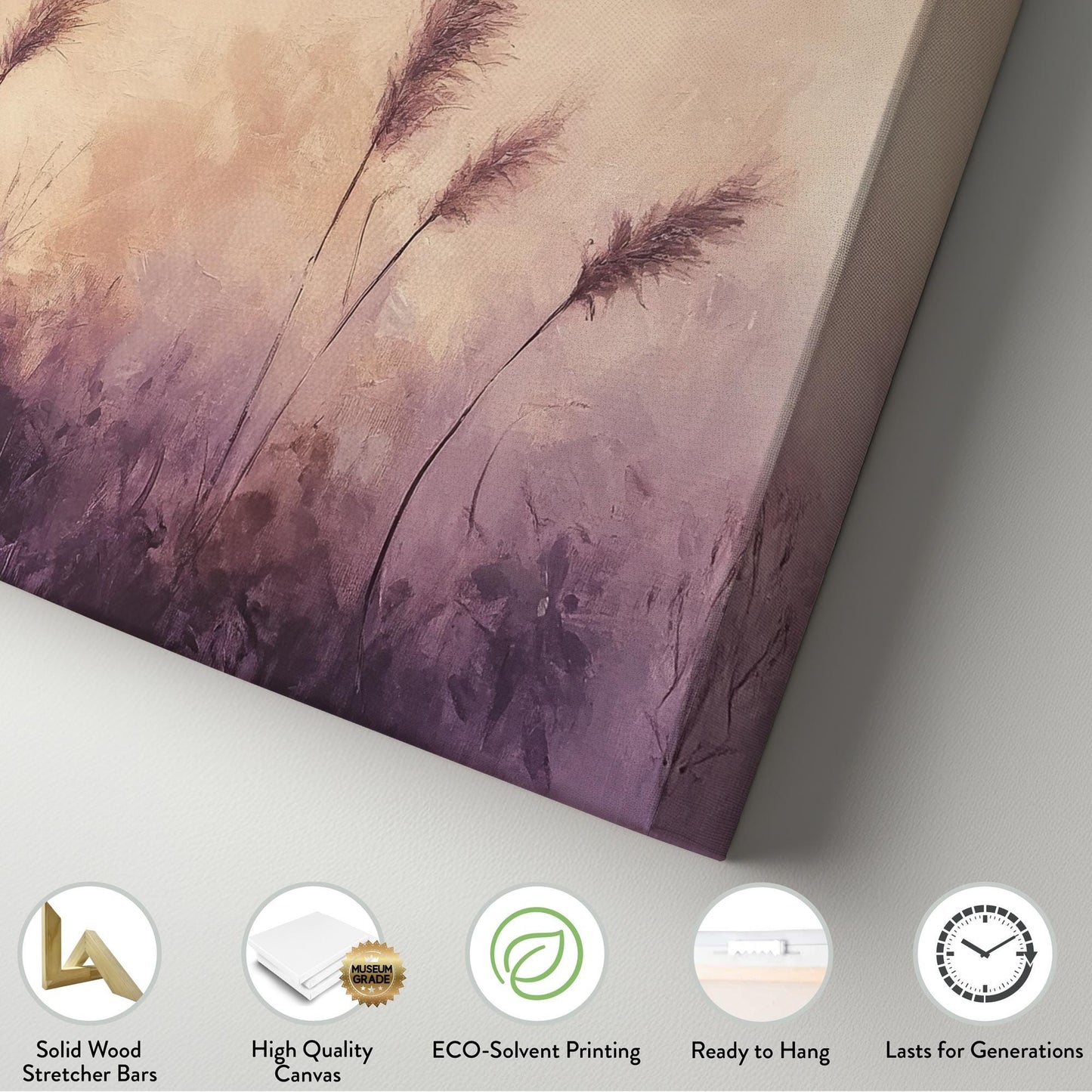 Serene Pampas Grass Canvas Art | Impasto Brushstroke Print | Bohemian Wall Art For Living Room | Mauve and Blush Art Horizontal Art