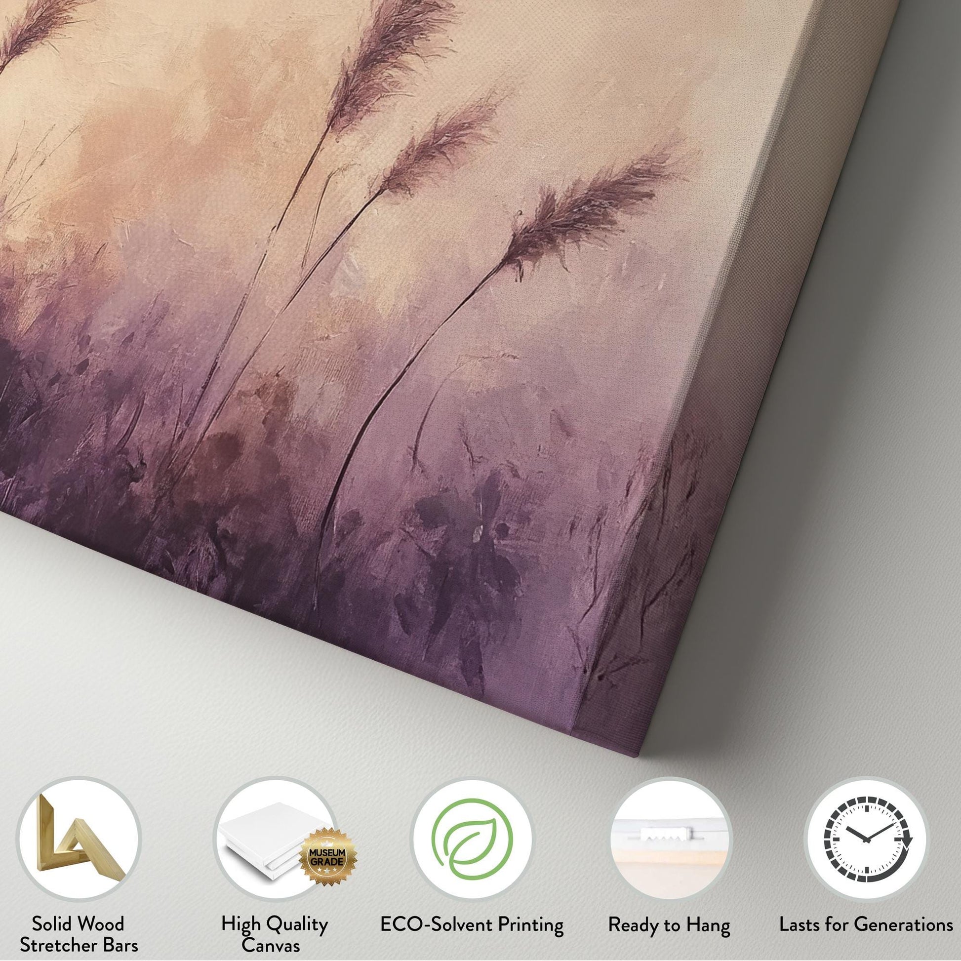 Serene Pampas Grass Canvas Art | Impasto Brushstroke Print | Bohemian Wall Art For Living Room | Mauve and Blush Art Horizontal Art