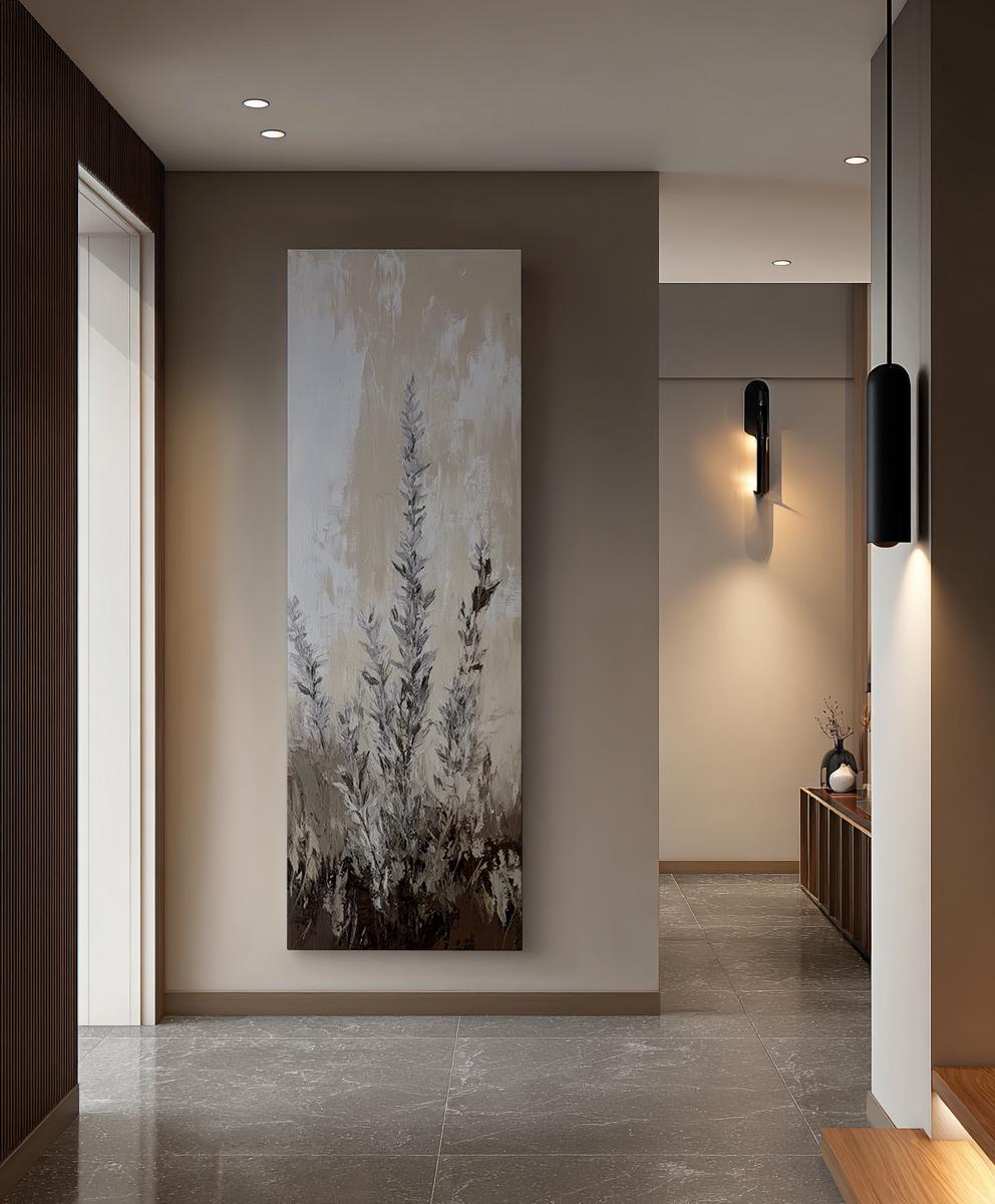 Serene Pampas Grass Canvas Art | Impasto Botanical Print | Bohemian Wall Art For Living Room | Greige Oyster Art Long Vertical Art