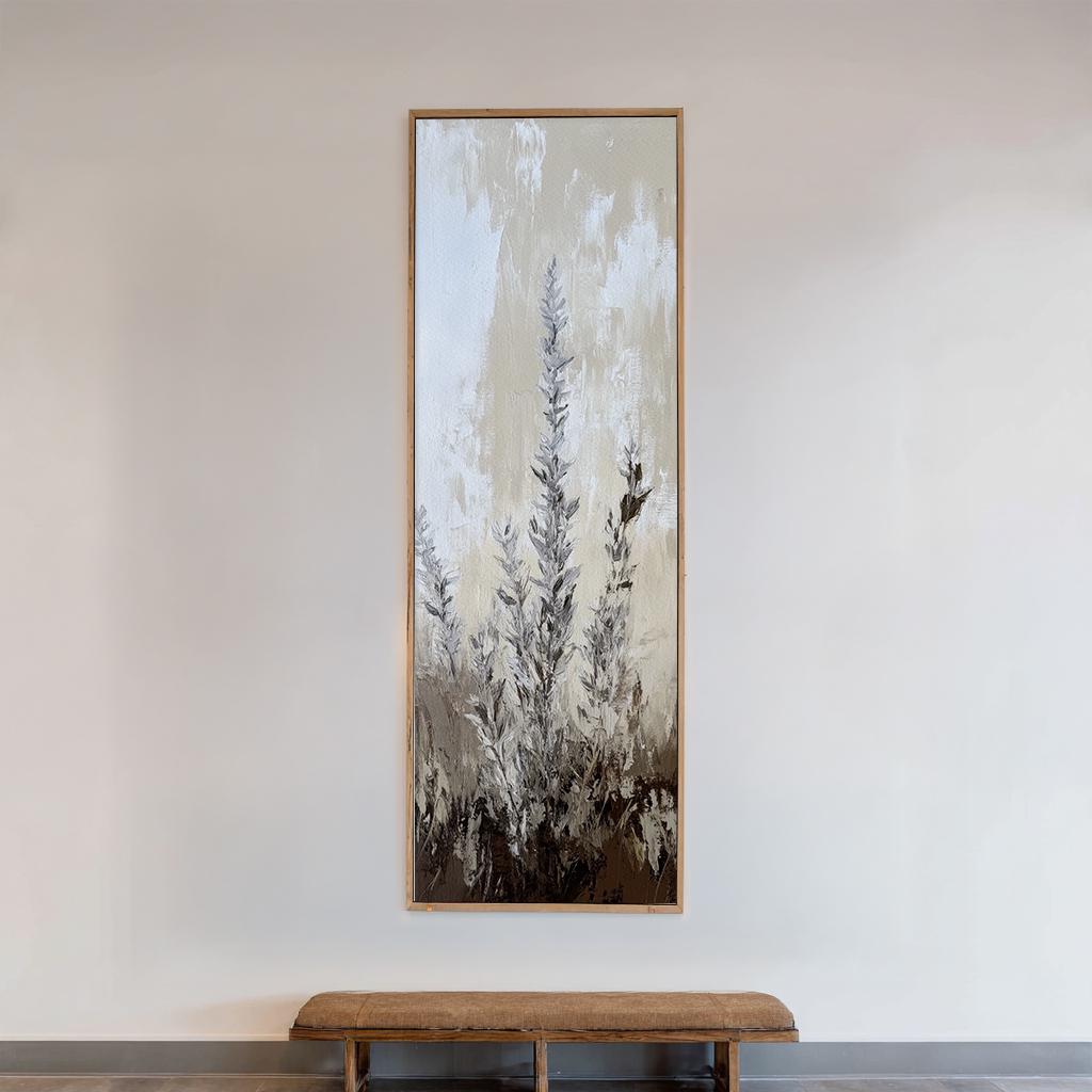 Serene Pampas Grass Canvas Art | Impasto Botanical Print | Bohemian Wall Art For Living Room | Greige Oyster Art Long Vertical Art
