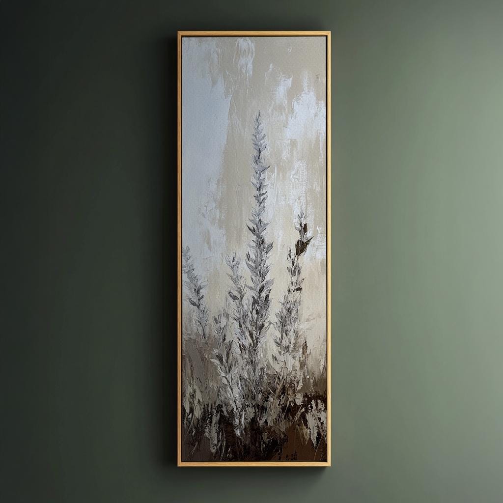 Serene Pampas Grass Canvas Art | Impasto Botanical Print | Bohemian Wall Art For Living Room | Greige Oyster Art Long Vertical Art