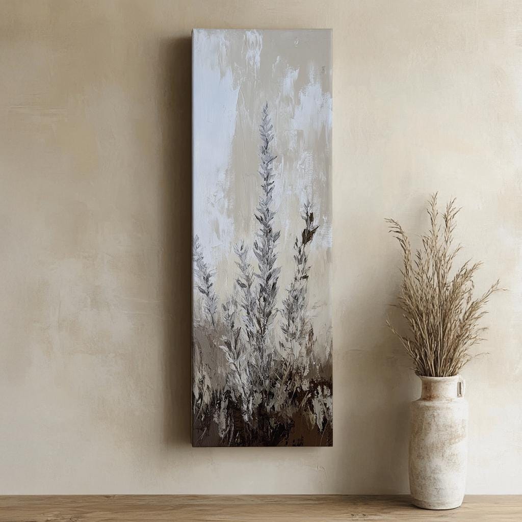 Serene Pampas Grass Canvas Art | Impasto Botanical Print | Bohemian Wall Art For Living Room | Greige Oyster Art Long Vertical Art