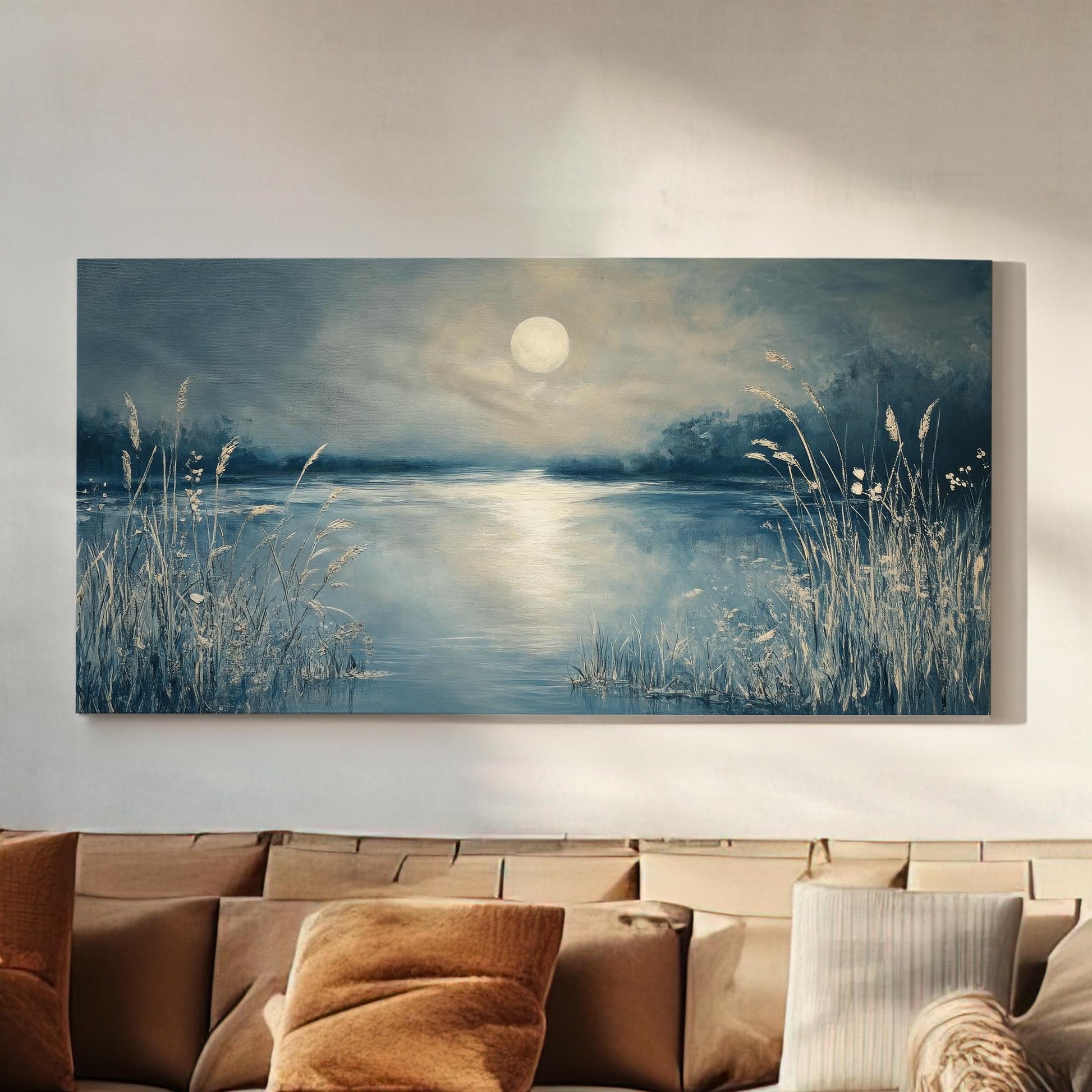 Serene Moonlit Lake Canvas Art | Impasto Textural Print | Tranquil Coastal Wall Art For Living Room | Silver Blue Water Art Horizontal Art