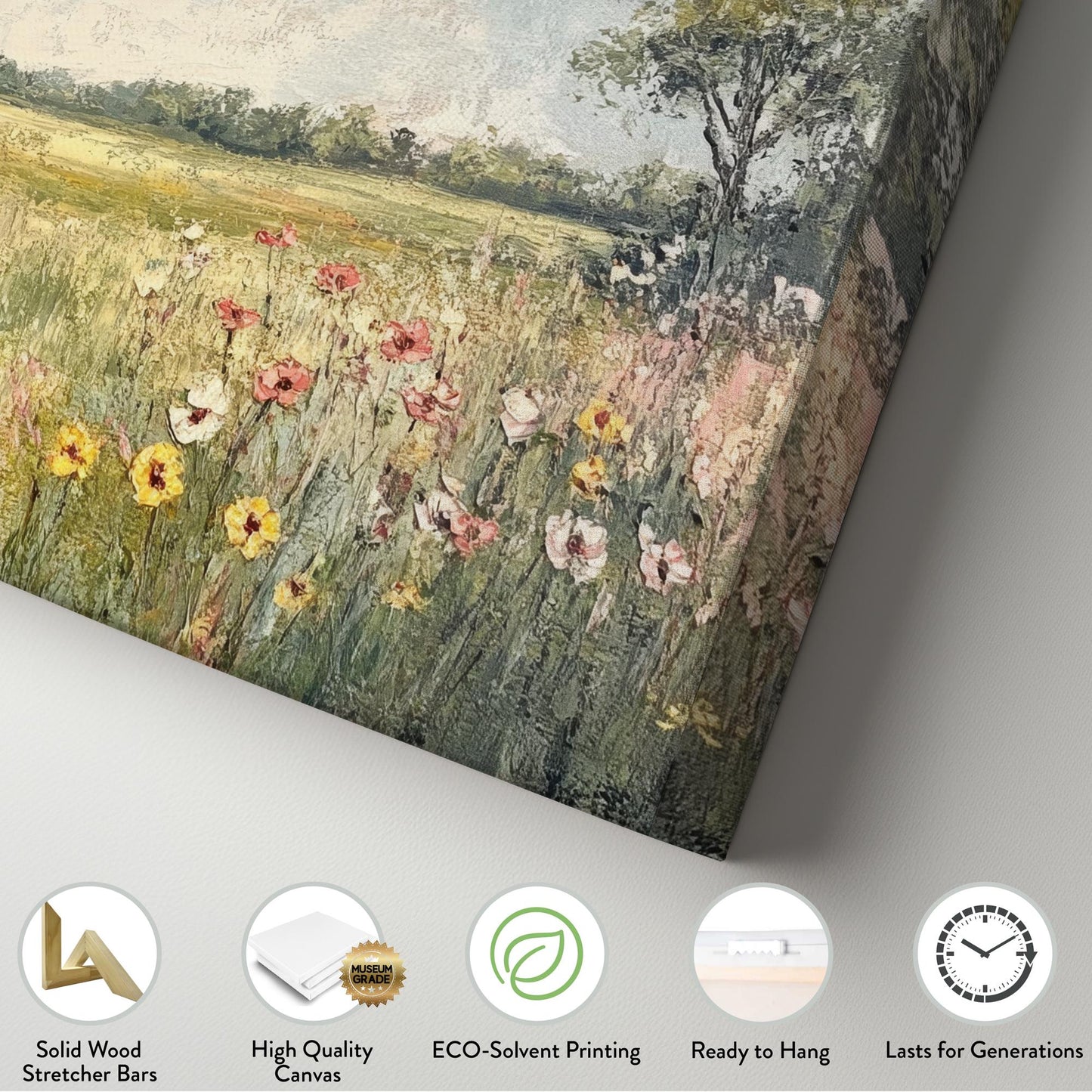 Serene Meadow Landscape Canvas Art | Impasto Floral Print | Transitional Wall Art For Living Room | Wheatfield Hues Art Horizontal Art