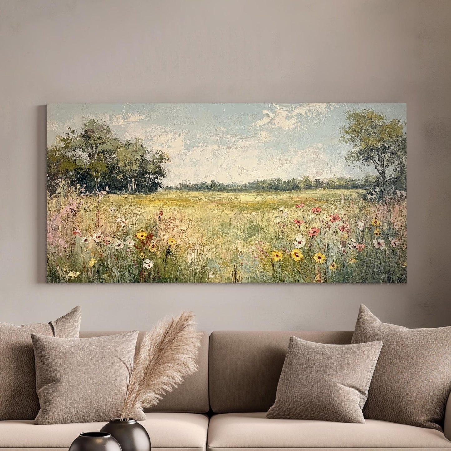 Serene Meadow Landscape Canvas Art | Impasto Floral Print | Transitional Wall Art For Living Room | Wheatfield Hues Art Horizontal Art