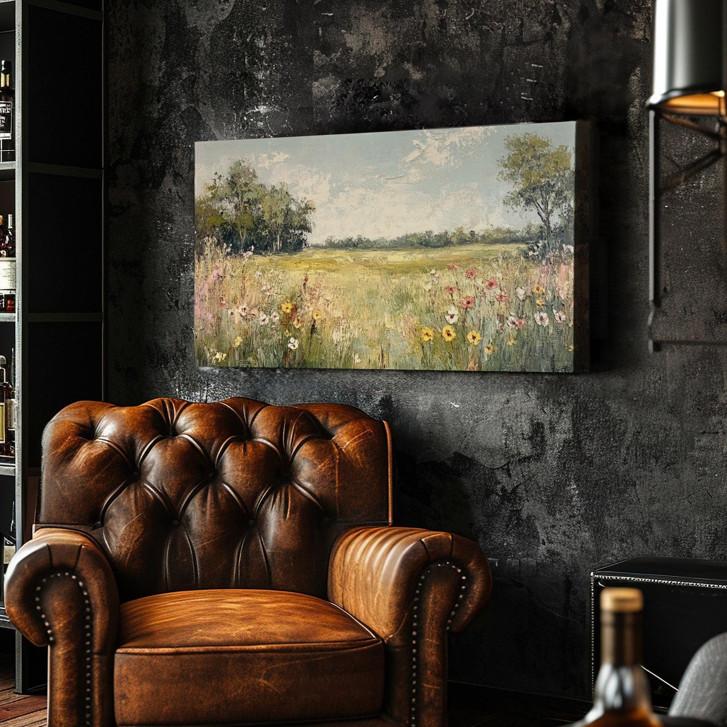 Serene Meadow Landscape Canvas Art | Impasto Floral Print | Transitional Wall Art For Living Room | Wheatfield Hues Art Horizontal Art