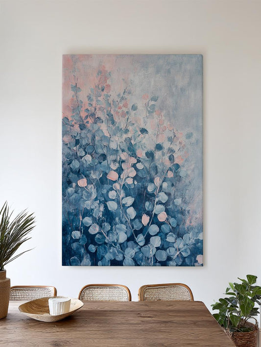 Serene Eucalyptus Botanical Canvas Art | Impasto Print | Tranquil Coastal Wall Art For Living Room | Powder Blue Seafoam Art Vertical Canvas