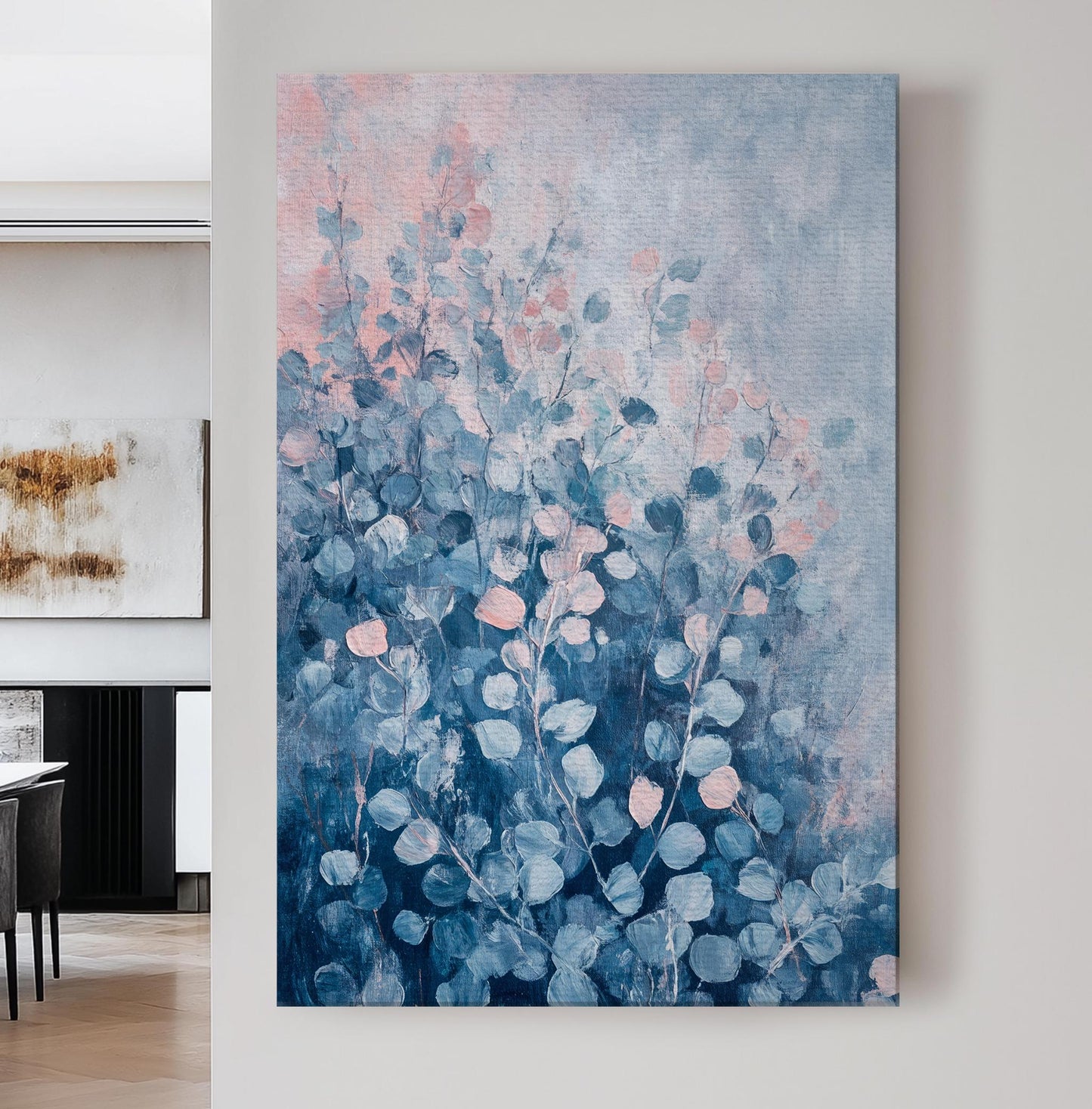 Serene Eucalyptus Botanical Canvas Art | Impasto Print | Tranquil Coastal Wall Art For Living Room | Powder Blue Seafoam Art Vertical Canvas