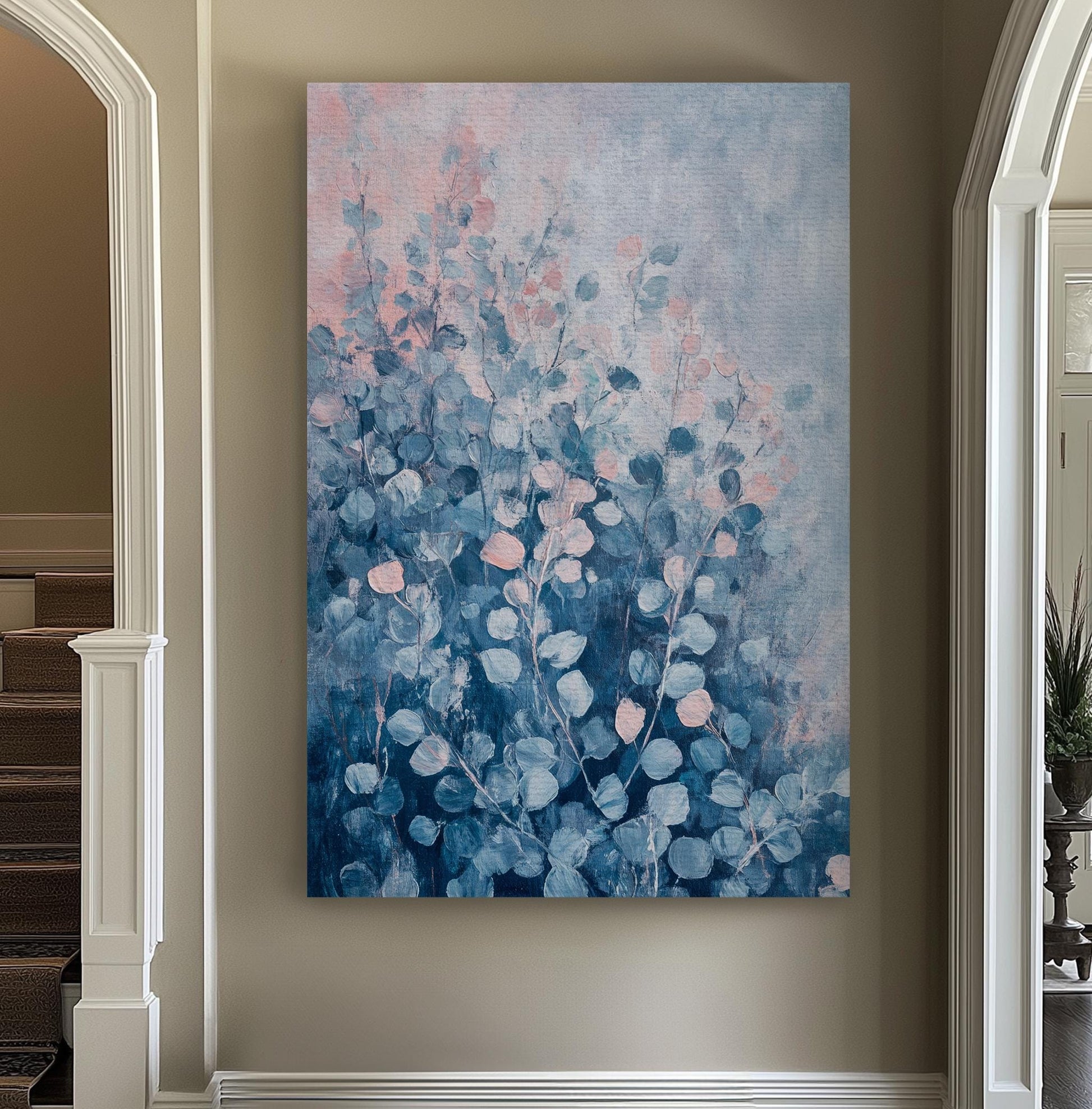 Serene Eucalyptus Botanical Canvas Art | Impasto Print | Tranquil Coastal Wall Art For Living Room | Powder Blue Seafoam Art Vertical Canvas