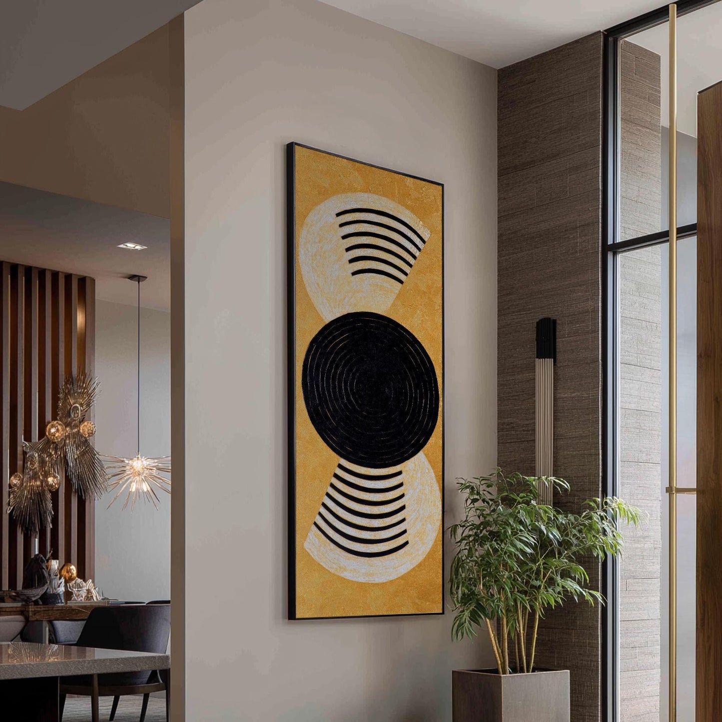 Optic Art Canvas Art | Concentric Circles Print | Mid Century Modern Wall Art For Living Room | Champagne Gold Art Long Vertical Art