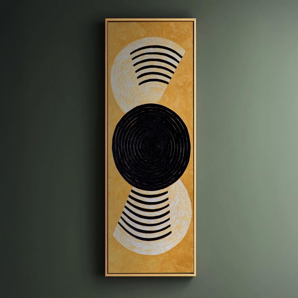 Optic Art Canvas Art | Concentric Circles Print | Mid Century Modern Wall Art For Living Room | Champagne Gold Art Long Vertical Art