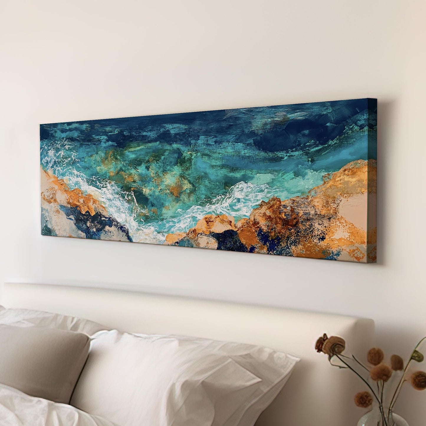 Ocean Shore Canvas Art | Impasto Textural Print | Coastal Bohemian Wall Art For Living Room | Serene Teal Sand Art Panoramic Wall Art