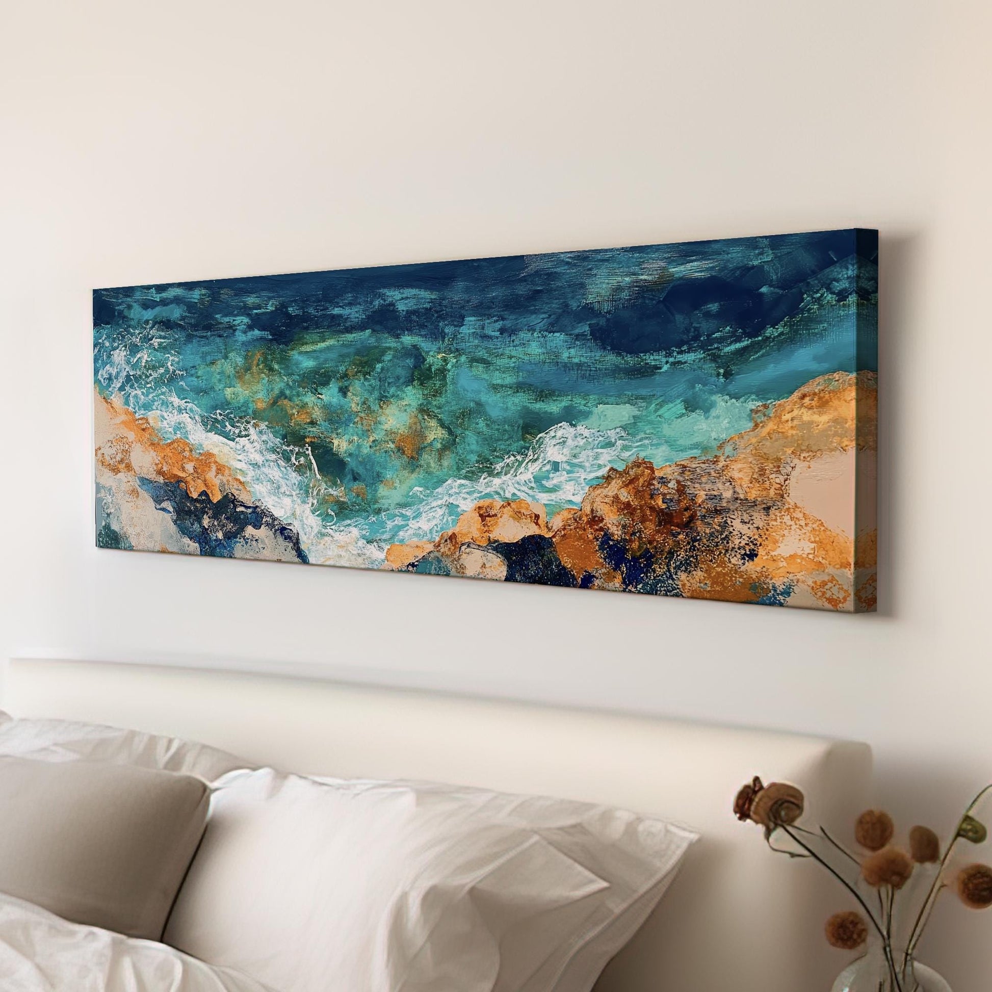 Ocean Shore Canvas Art | Impasto Textural Print | Coastal Bohemian Wall Art For Living Room | Serene Teal Sand Art Panoramic Wall Art