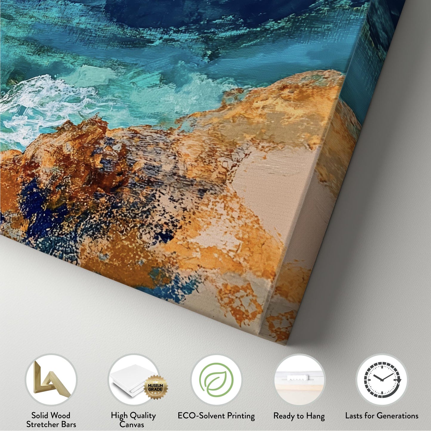 Ocean Shore Canvas Art | Impasto Textural Print | Coastal Bohemian Wall Art For Living Room | Serene Teal Sand Art Panoramic Wall Art