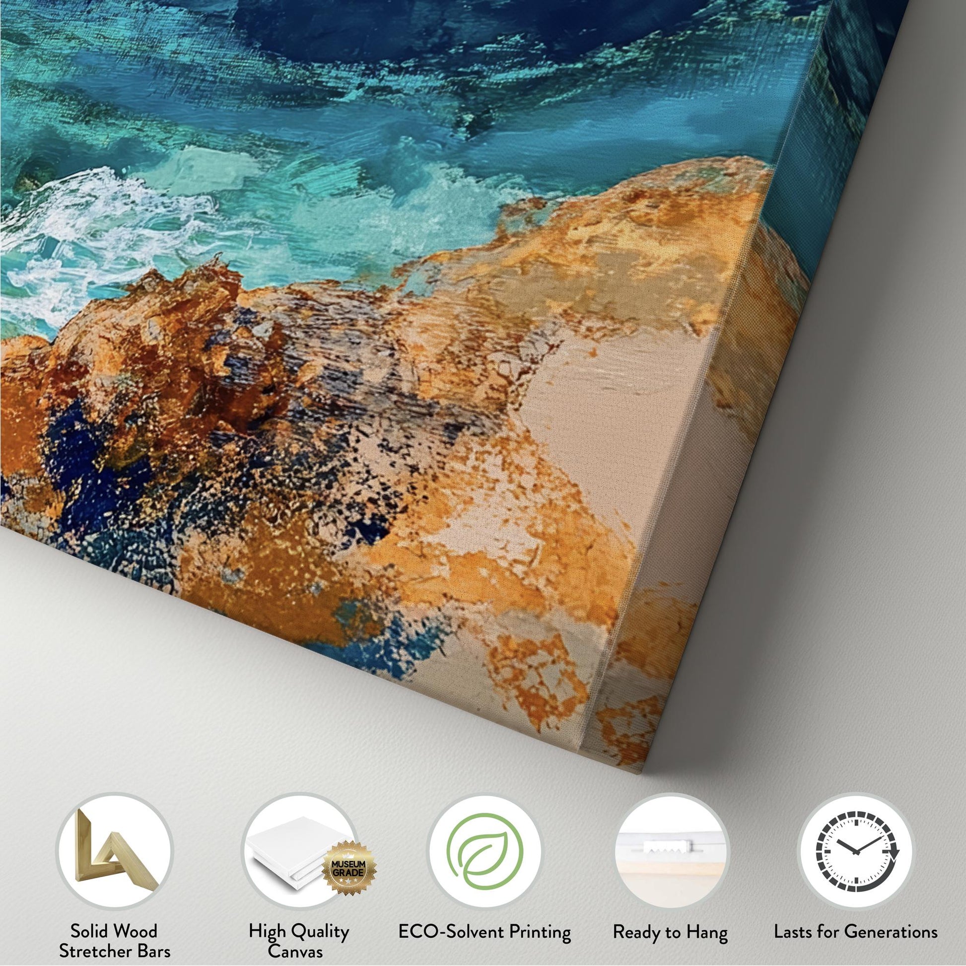 Ocean Shore Canvas Art | Impasto Textural Print | Coastal Bohemian Wall Art For Living Room | Serene Teal Sand Art Panoramic Wall Art