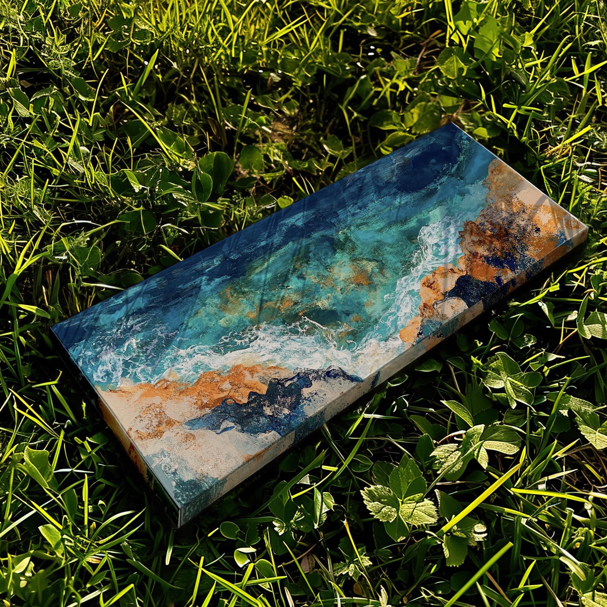 Ocean Shore Canvas Art | Impasto Textural Print | Coastal Bohemian Wall Art For Living Room | Serene Teal Sand Art Panoramic Wall Art