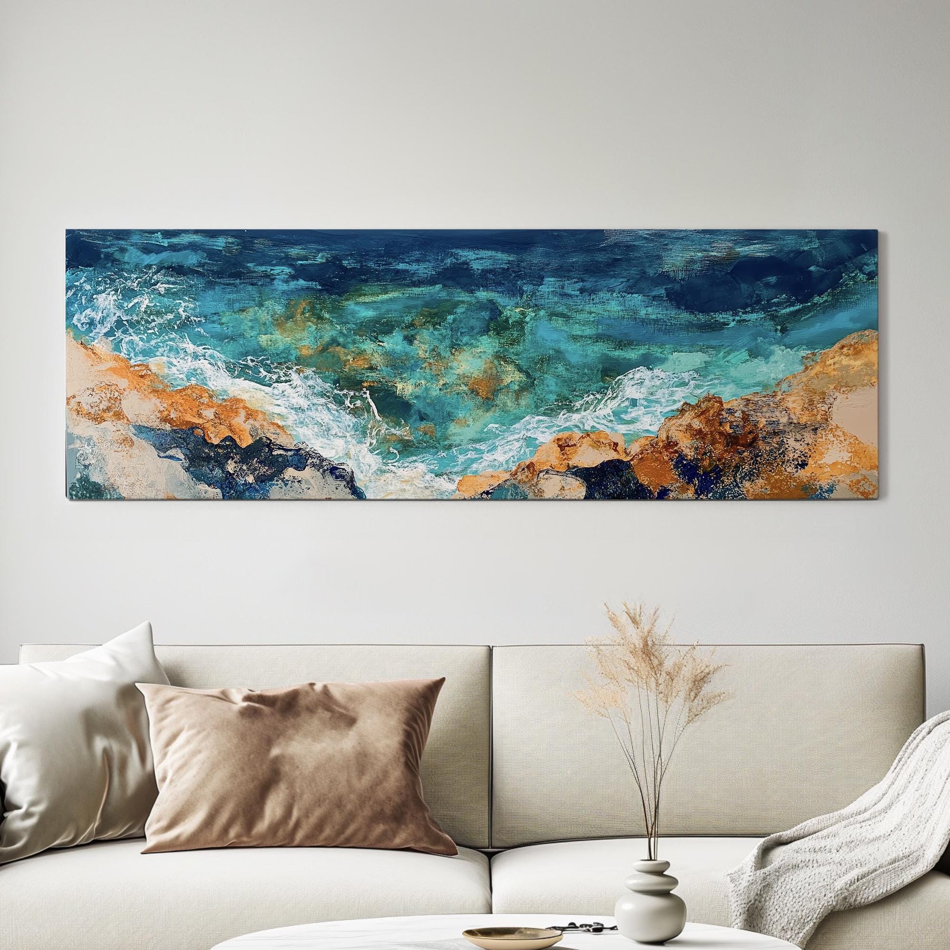 Ocean Shore Canvas Art | Impasto Textural Print | Coastal Bohemian Wall Art For Living Room | Serene Teal Sand Art Panoramic Wall Art
