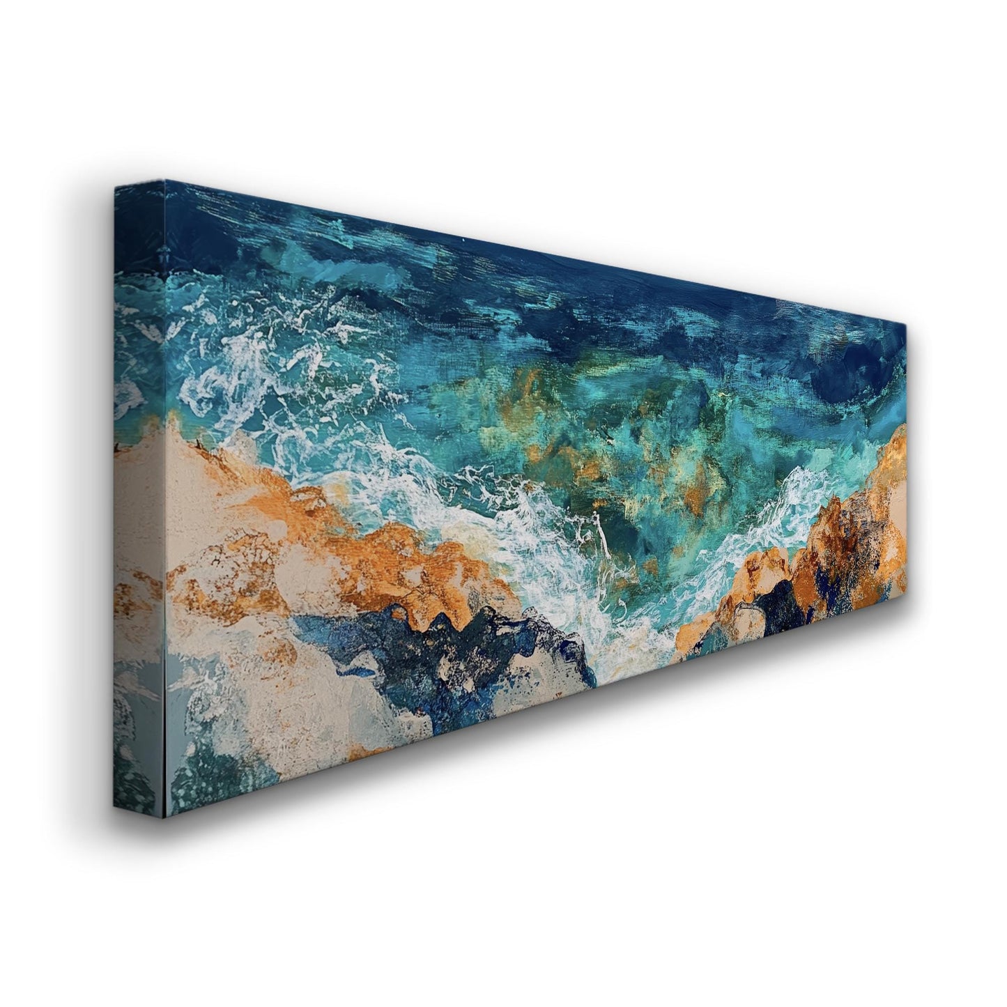Ocean Shore Canvas Art | Impasto Textural Print | Coastal Bohemian Wall Art For Living Room | Serene Teal Sand Art Panoramic Wall Art