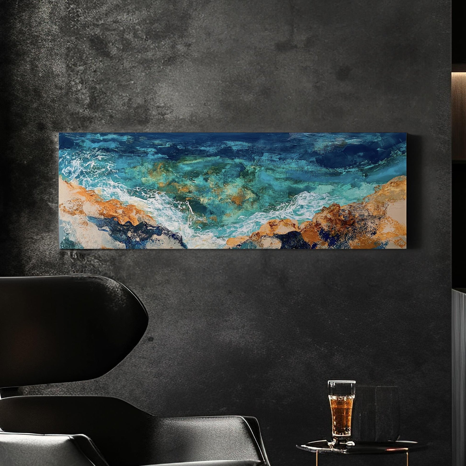 Ocean Shore Canvas Art | Impasto Textural Print | Coastal Bohemian Wall Art For Living Room | Serene Teal Sand Art Panoramic Wall Art
