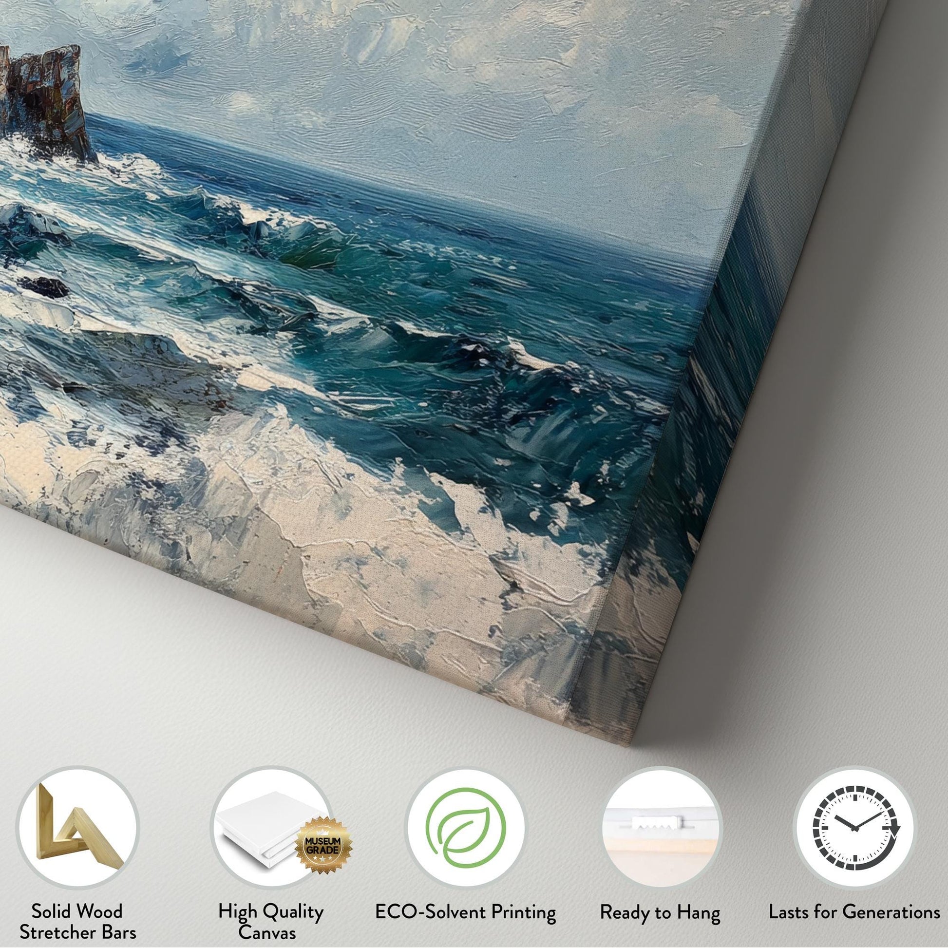 Ocean Cliff Canvas Art | Impasto Palette Knife Print | Coastal Modern Wall Art For Living Room | Seafoam Oyster Art Horizontal Art