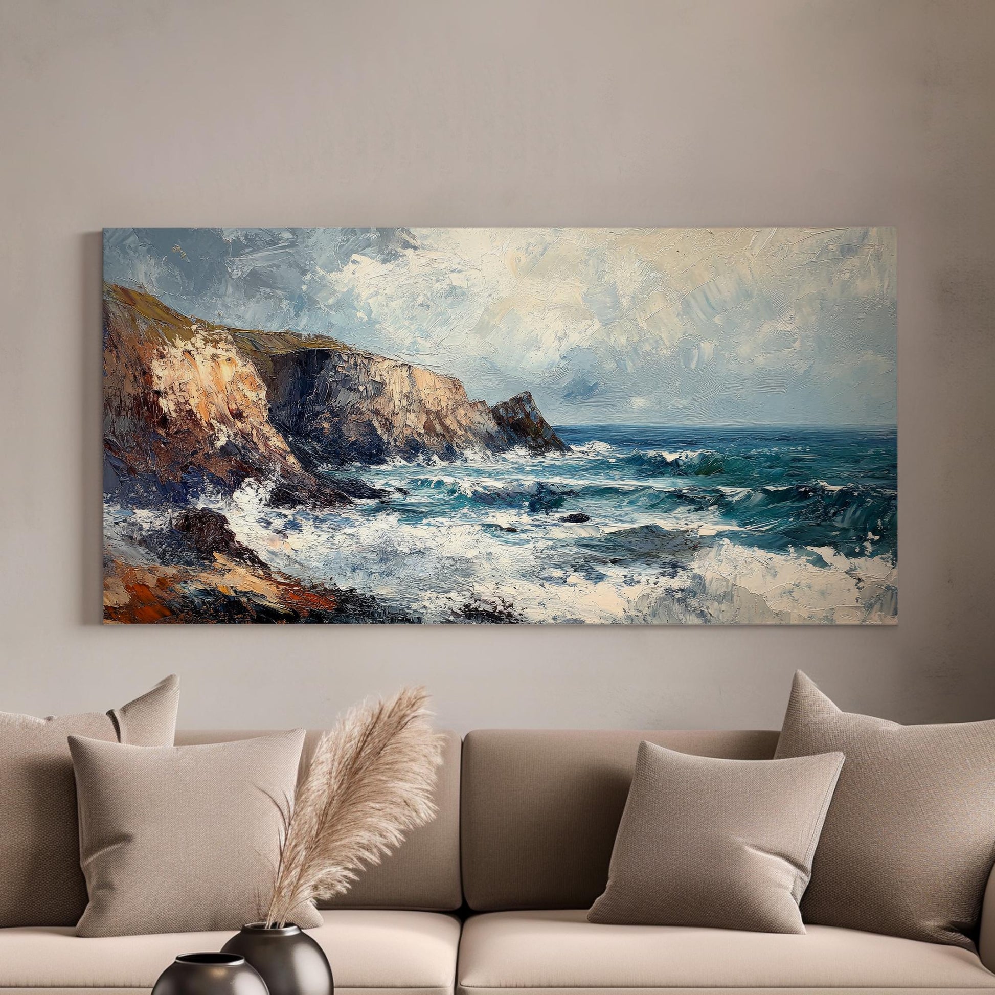Ocean Cliff Canvas Art | Impasto Palette Knife Print | Coastal Modern Wall Art For Living Room | Seafoam Oyster Art Horizontal Art