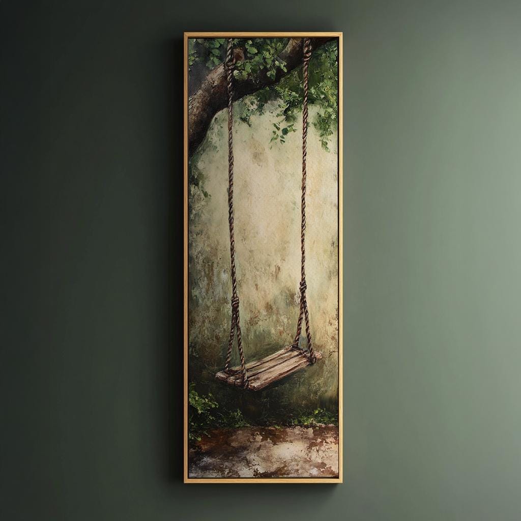 Nostalgia Inducing Swing Canvas Art | Impasto Textural Print | Tranquil Bohemian Wall Art For Living Room Long Vertical Art