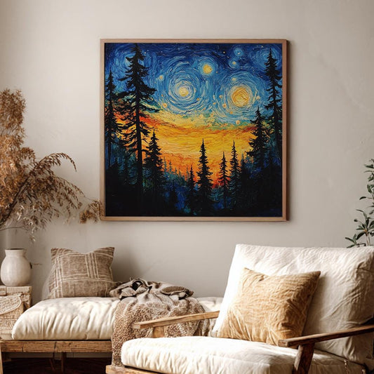 Nocturne Forest Canvas Art | Impasto Print | Bohemian Wall Art For Living Room | Sunset Amber Art | Modern Eclectic Decor Square Canvas Art