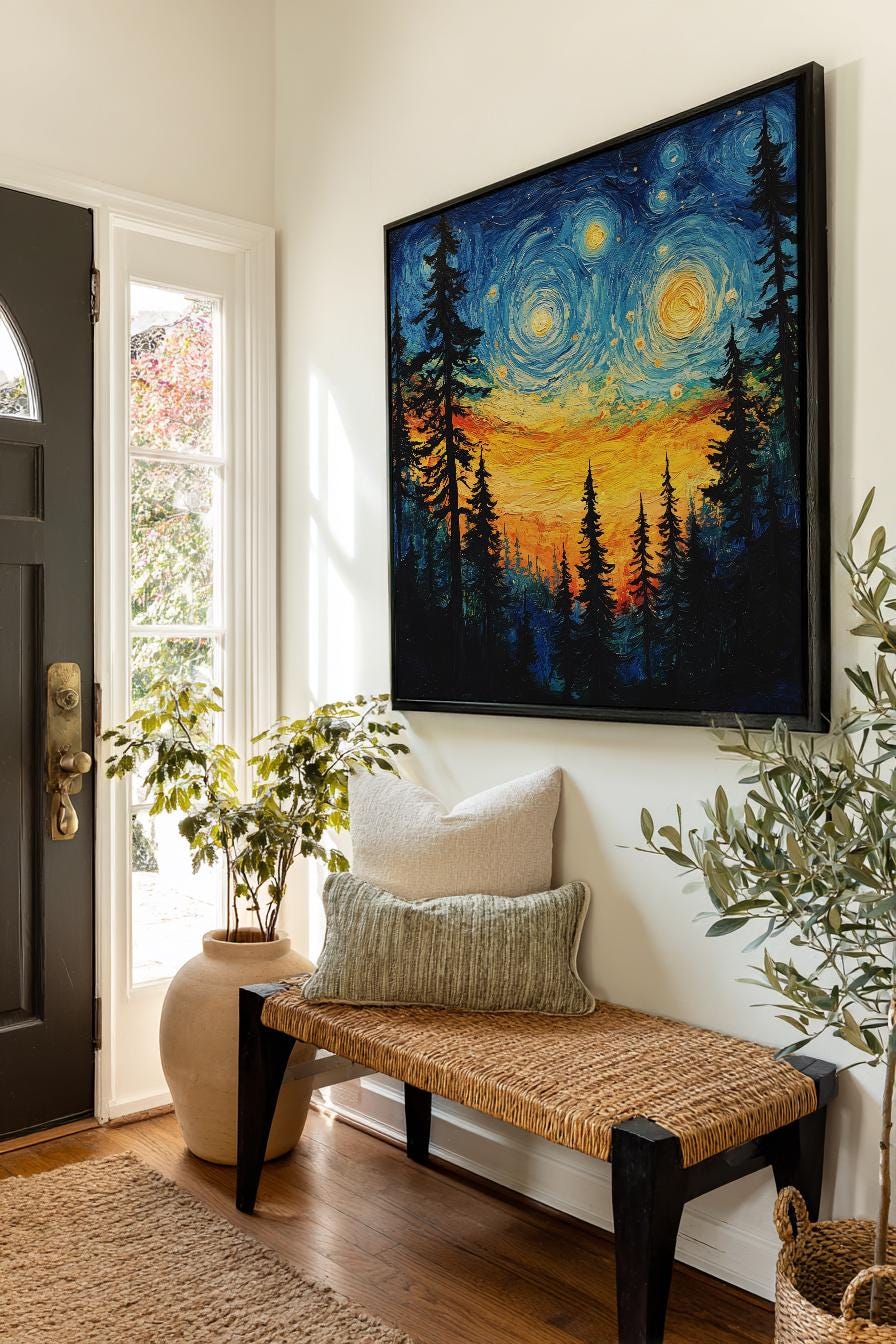 Nocturne Forest Canvas Art | Impasto Print | Bohemian Wall Art For Living Room | Sunset Amber Art | Modern Eclectic Decor Square Canvas Art