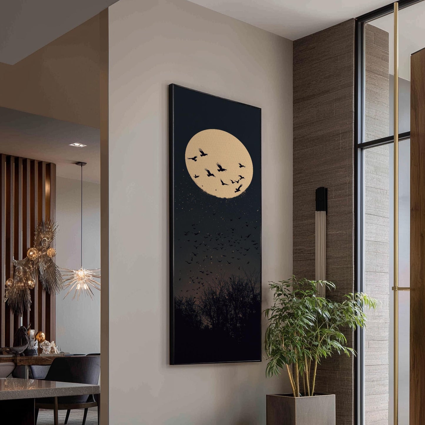 Nocturnal Avian Migration Canvas Art | Silhouette Print | Bohemian Wall Art For Living Room | Moonlit Ember Art Long Vertical Art