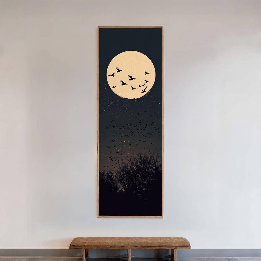 Nocturnal Avian Migration Canvas Art | Silhouette Print | Bohemian Wall Art For Living Room | Moonlit Ember Art Long Vertical Art